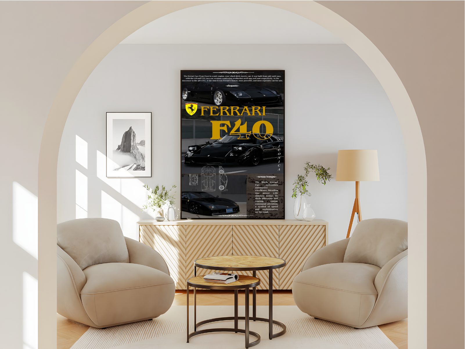 Wohnzimmer  Poster mit Rahmen von Ferrrari F-40 in gelb mit verschiedenen aufnahmen Autos in schwarz gelb grau mit überschrift und beschreibung