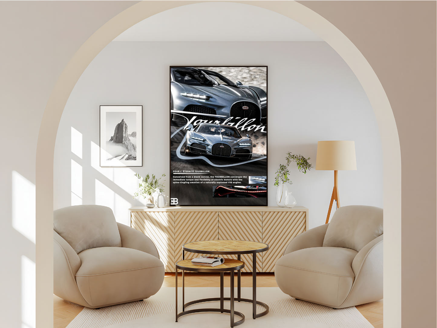 Wohnzimmer Poster mit Rahmen von Bugatti mit überschrift und beschreibung in blau schwarz mit rauch in weiß