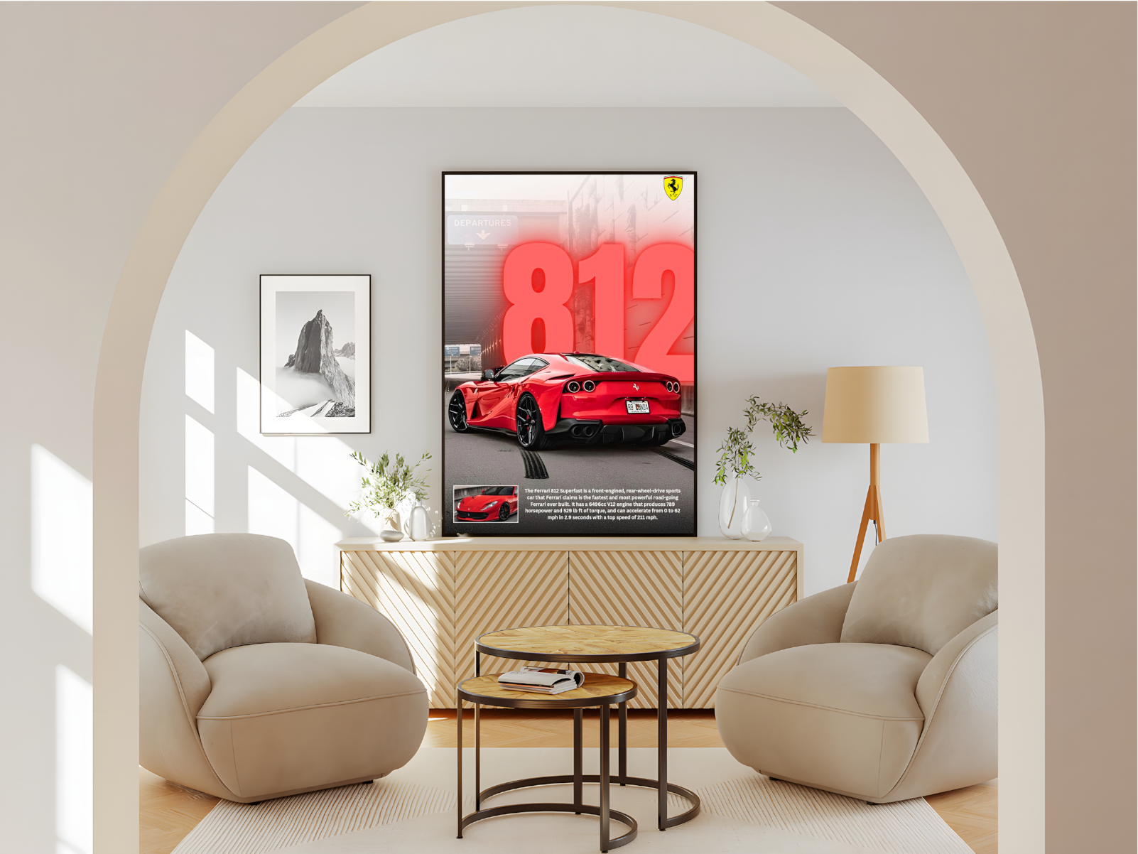 Wohnzimmer Poster mit Rahmen roter Ferrari 812 mit überschrift und beschriftung und logo in rot grau schwarz gelb