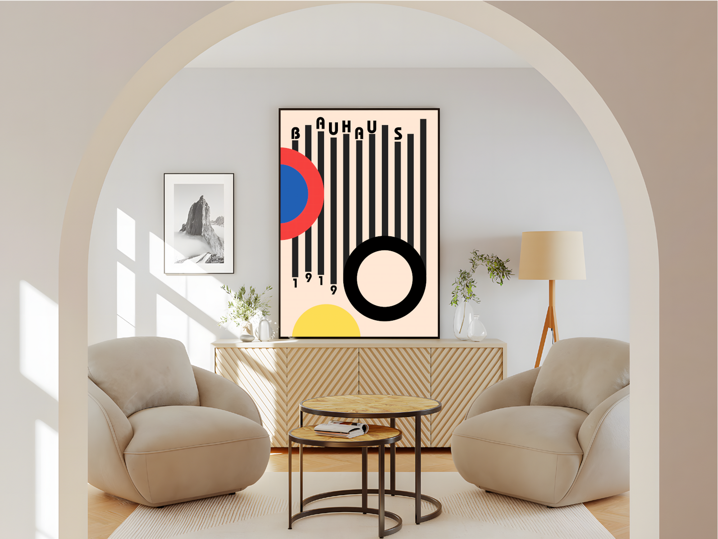 Wohnzimmer  Poster mit Rahmen Bauhaus Ausstellung mit geometrischen Designs Halbkreisen und kreisen und schwarzen Balken und Überschrift blau rot gelb schwarz beige