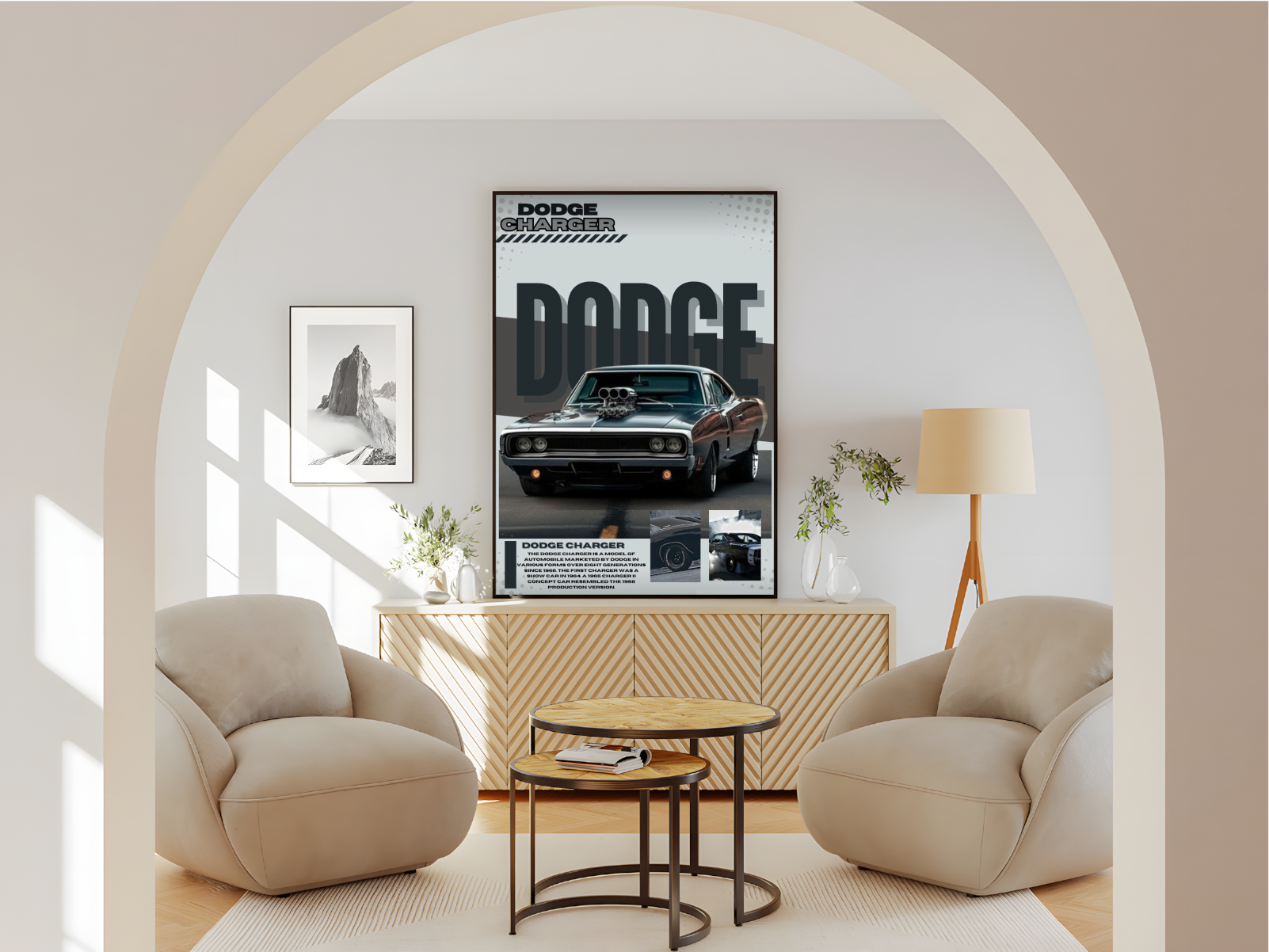 Wohnzimmer Poster mit Rahmen Dodge charger mit überschrift und beschreibung auf grauen und weißen hintergrund grau weiß silber