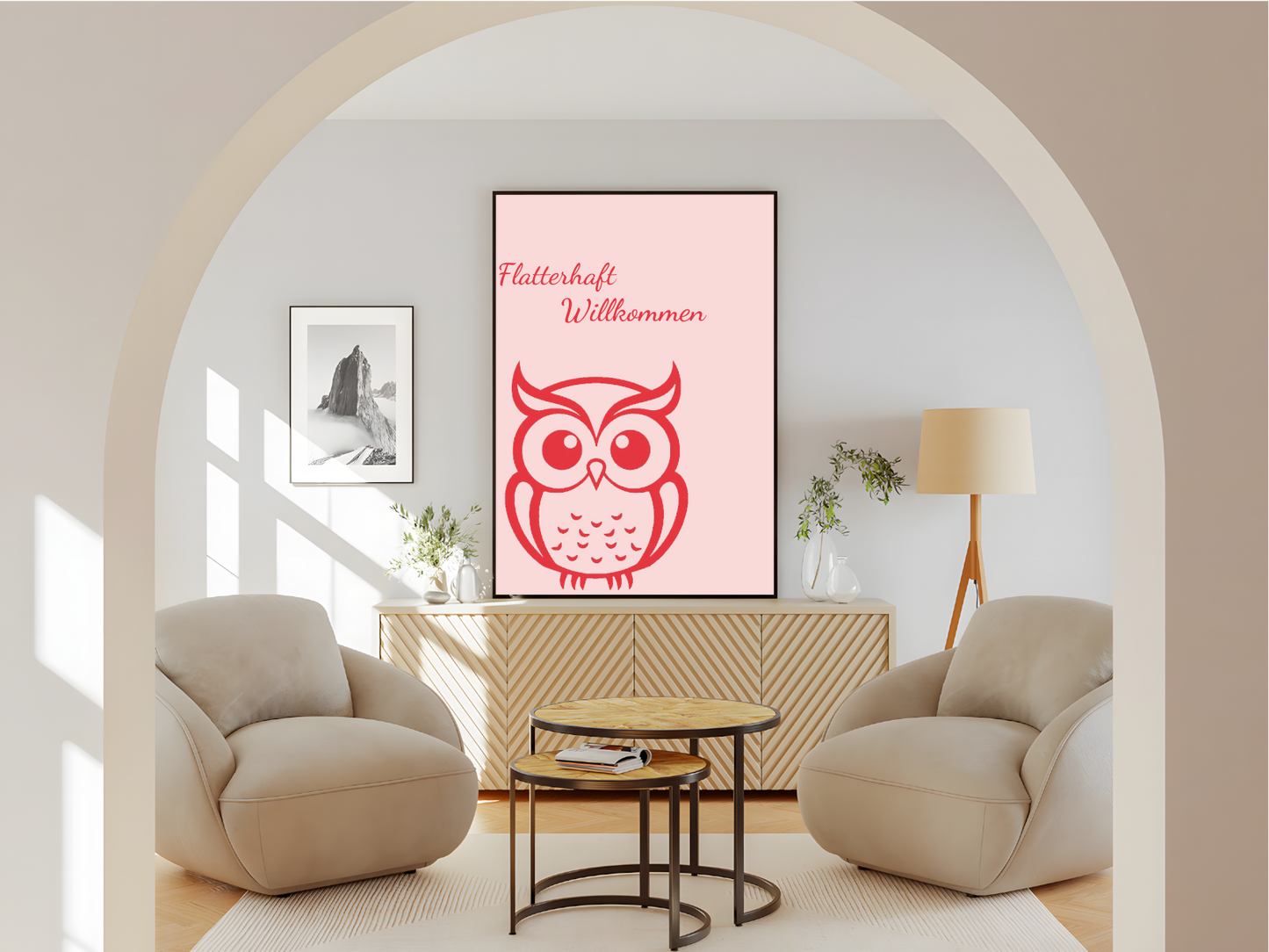 Wohnzimmer Poster mit Rahmen Rosa mit Eule und lustigen wilkommensspruch