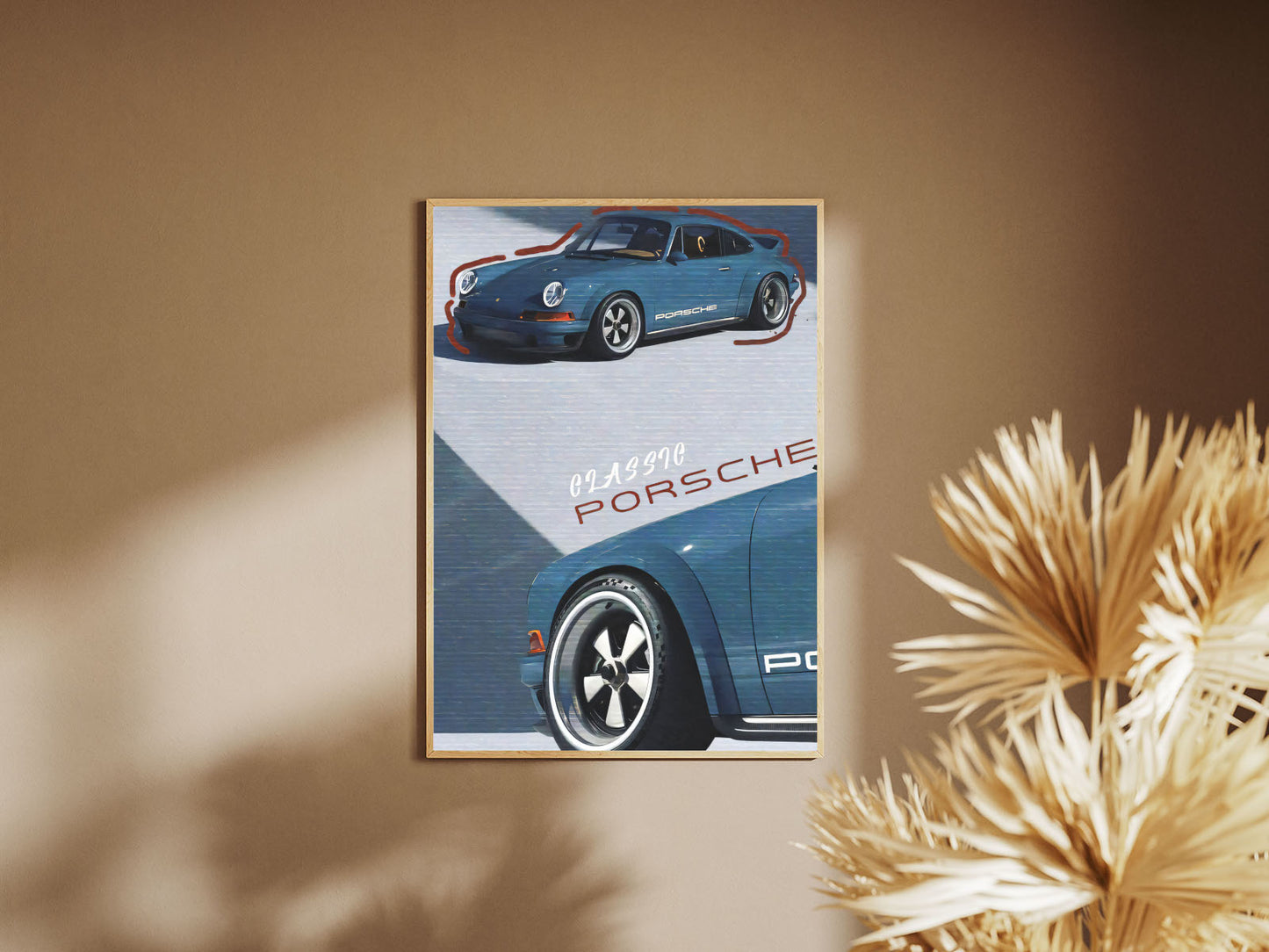 Holzrahmen Poster mit Rahmen Vintage Porsche 911 in blau weiß mit roter umrandung schwarz blau weiß