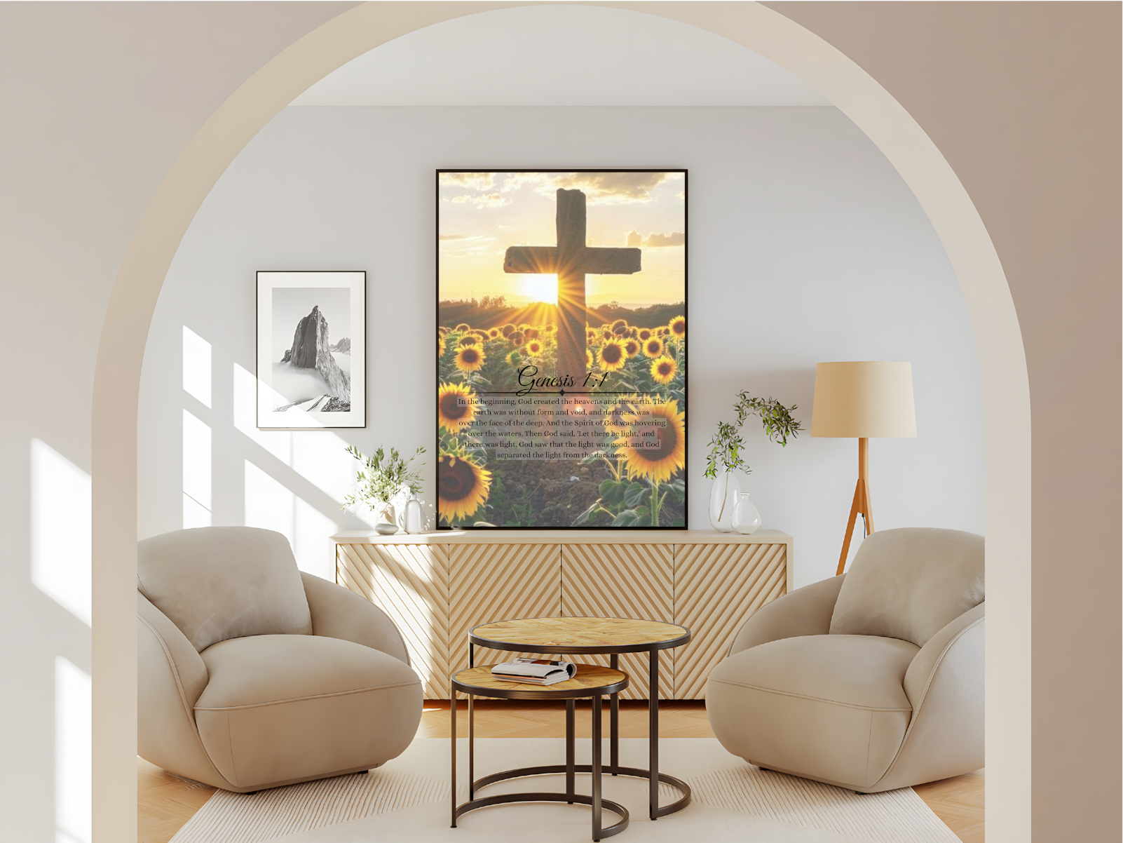 Wohnzimmer Poster mit Rahmen von Sonnenblumenwiese mit religiösen Kreuz und Sonne mit Religionszitat aus der Bibel und überschrift in gelb grün schwarz weiß