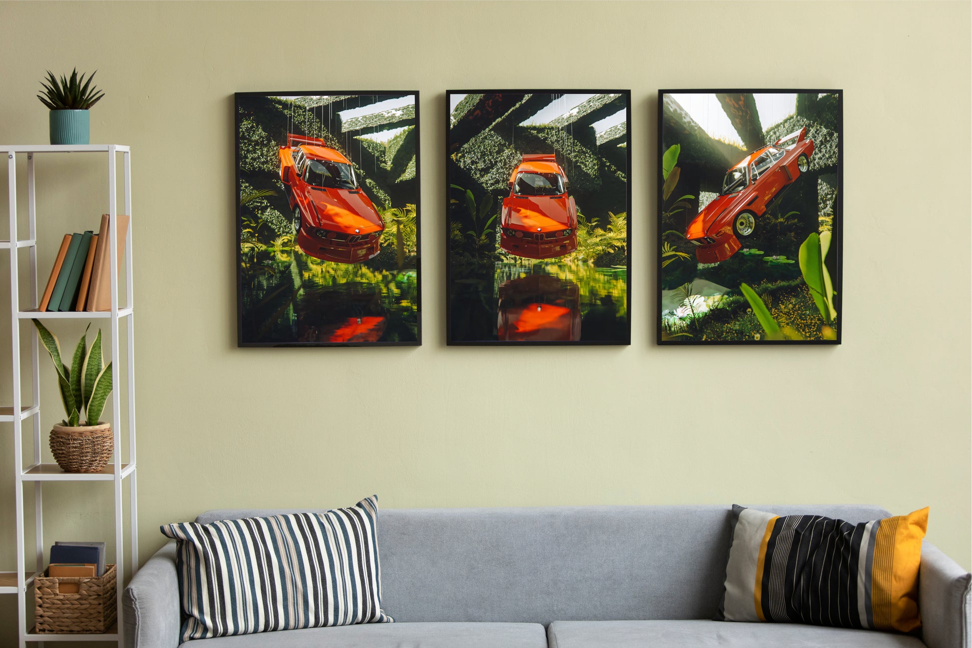 Wohnzimmer 3-er Poster Set mit 3 verschiedenen Postern vom gleichen BMW Auto in verscheidenen Winkeln welches in der Luft schwebt über wasser und mit Natur grün im Hintergrund oranger BMW weiß grün orange