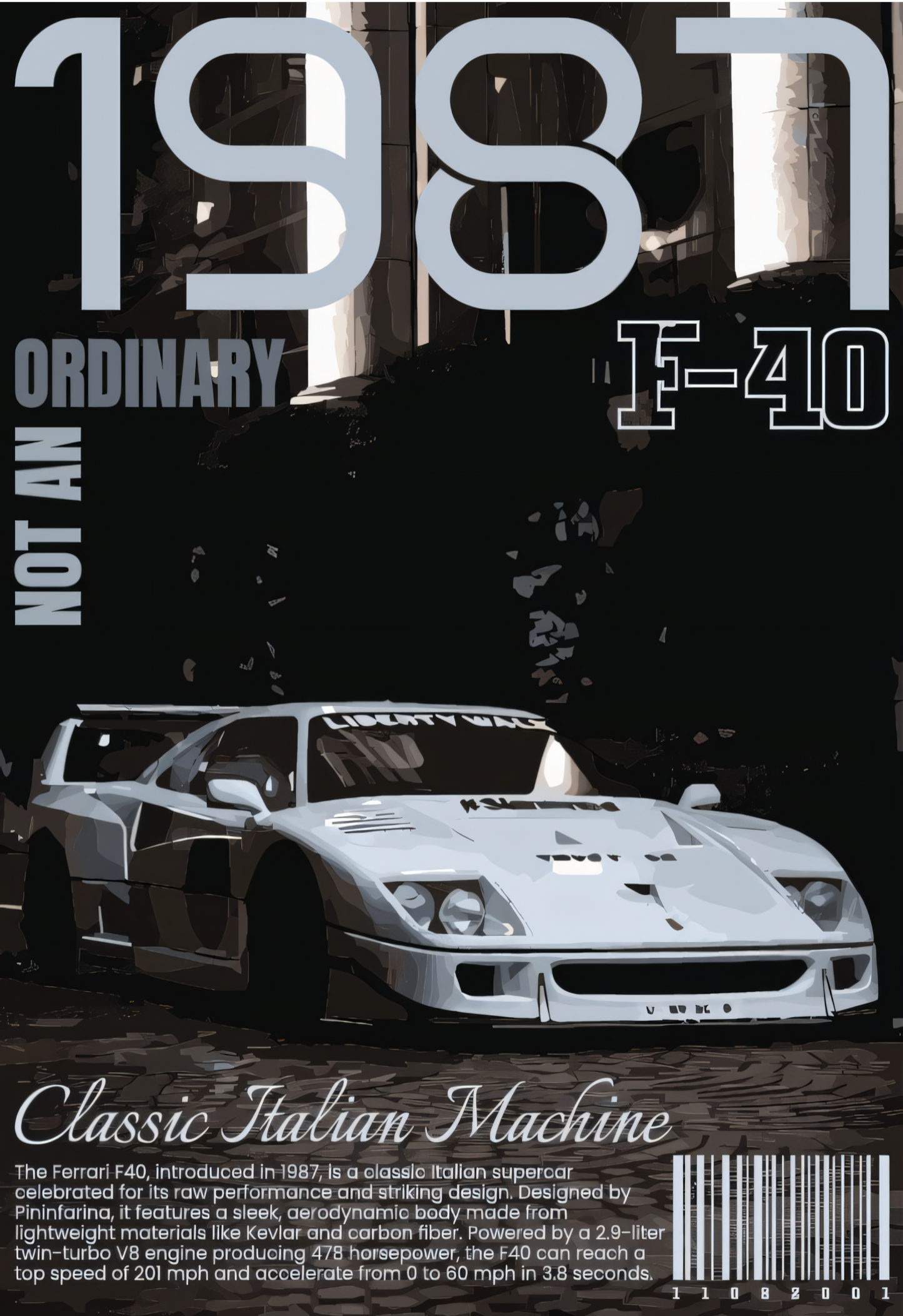 Nahaufnahme Poster mit Rahmen von einem gezeichneten weißen Ferrari F-40 mit beschriftung und überschrift in weiß grau schwarz