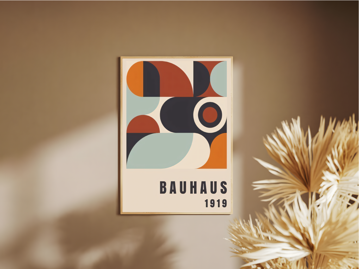 Holzrahmen Poster mit Rahmen Bauhaus Ausstellung 1919 mit orange rot schwarz in geometrischen Formen auf Beigen hintergrung