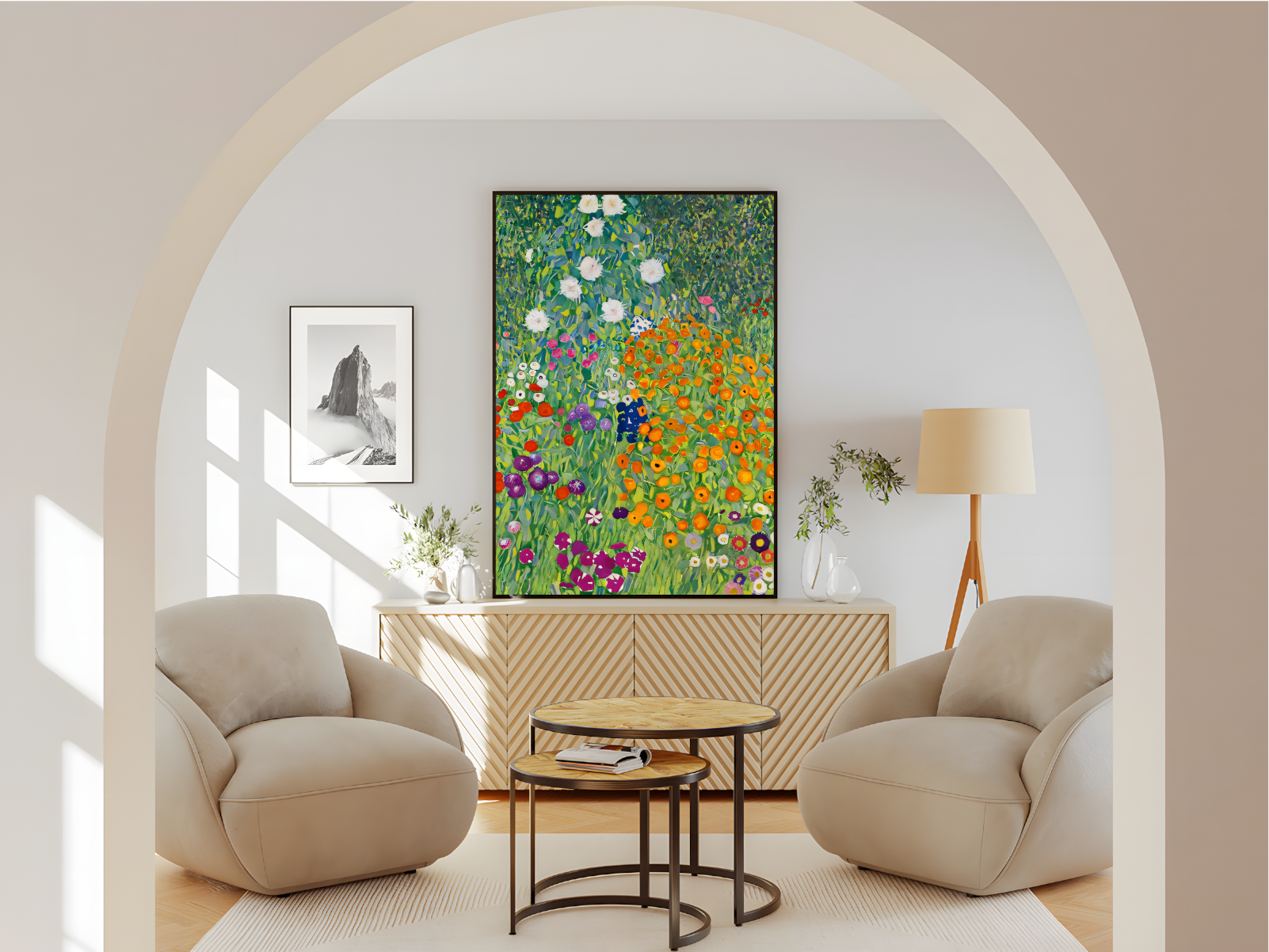 Wohnzimmer Poster mit Rahmen gezeichnetes gemaltes Gemälde von Blumengarten mit Blumen und Pflanzen in orange grün violett weiß rot