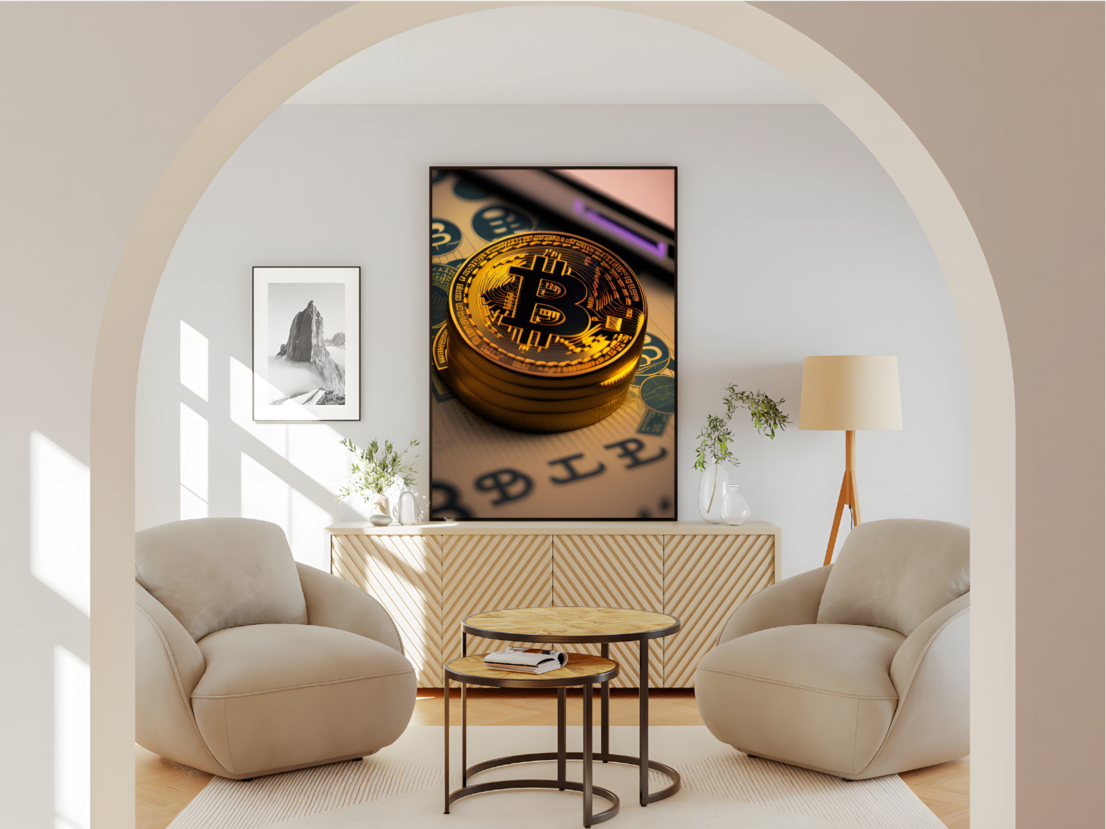 Wohnzimmer mit Bitcoin Münze Poster mit Rahmen in gold, weiß, schwarz 