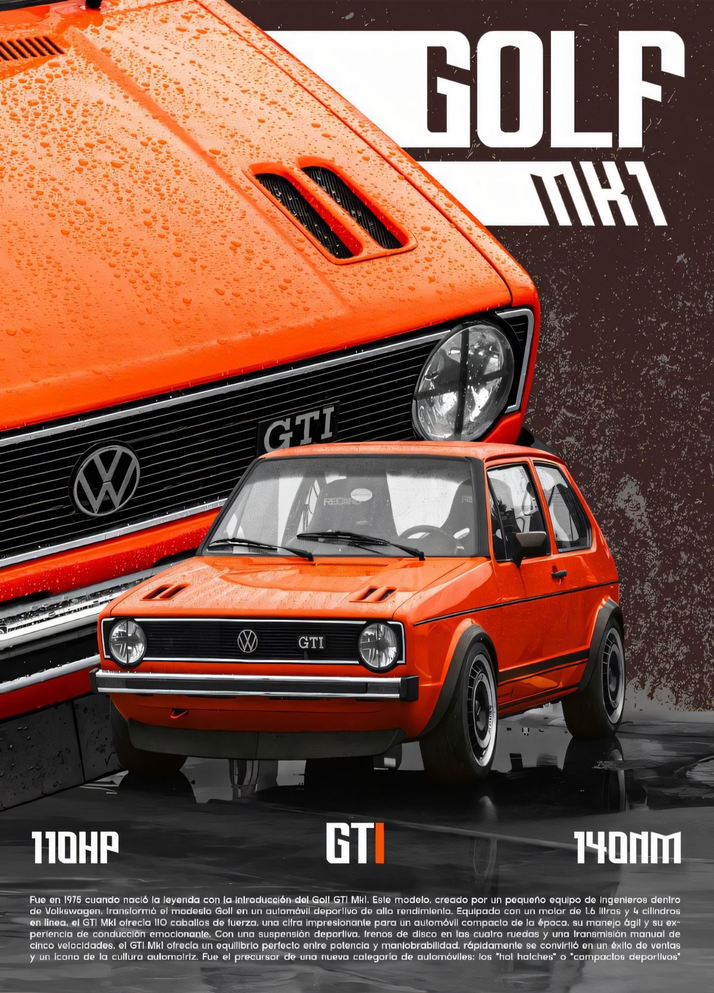 Nahaufnahme Poster mit Rahmen von VW Golf MK1 mit überschrift und beschreibung mit regenspritzer in orange grau weiß 