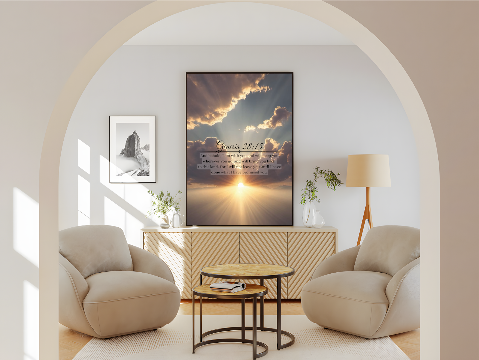 Wohnzimmer Poster mit Rahmen von Himmel mit Wolken und Sonne und Nebel mit Gennesis überschrift und Bibelzitat in blau weiß gelb orange