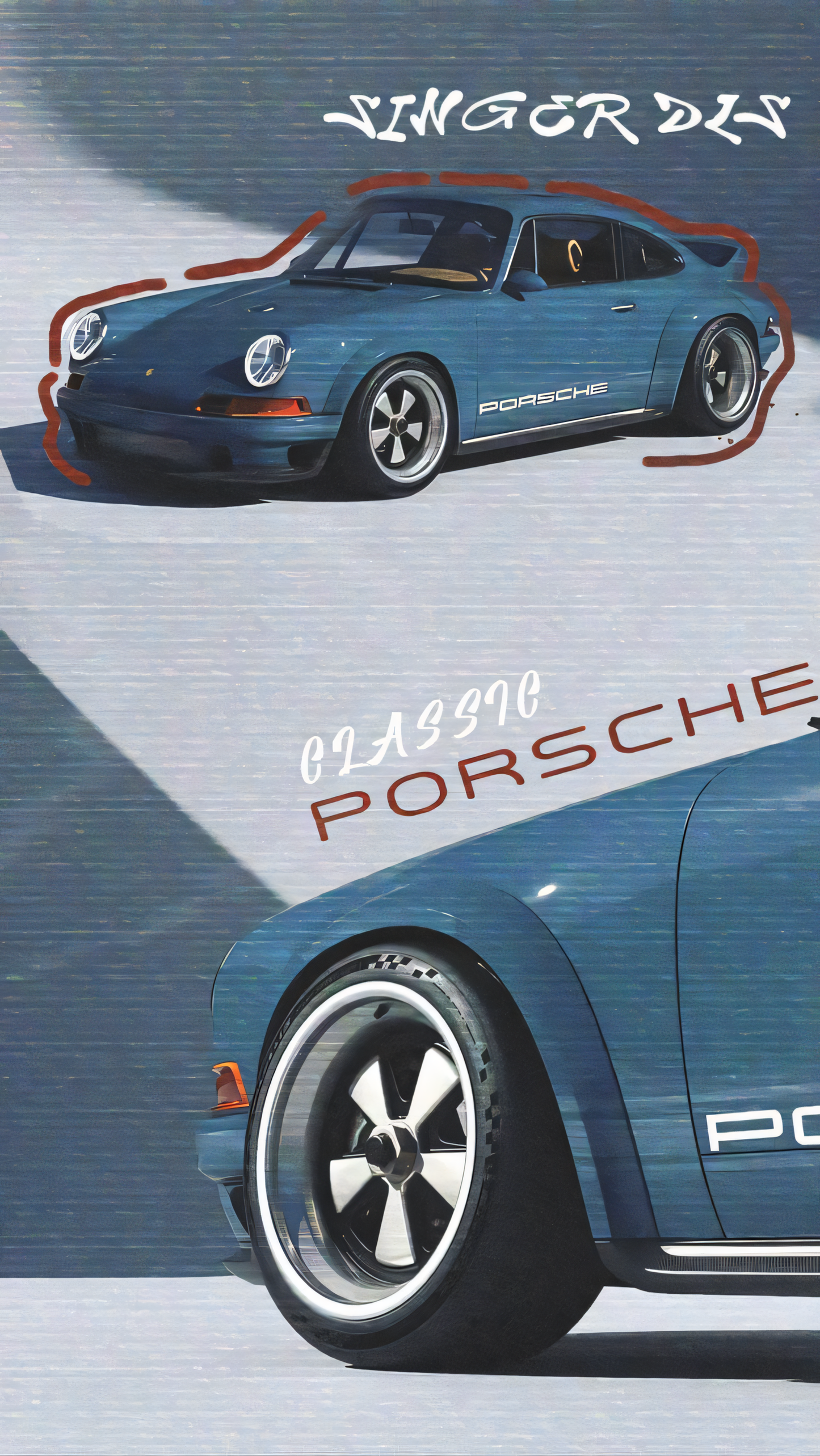 Nahaufnahme Poster mit Rahmen Vintage Porsche 911 in blau weiß mit roter umrandung schwarz blau weiß