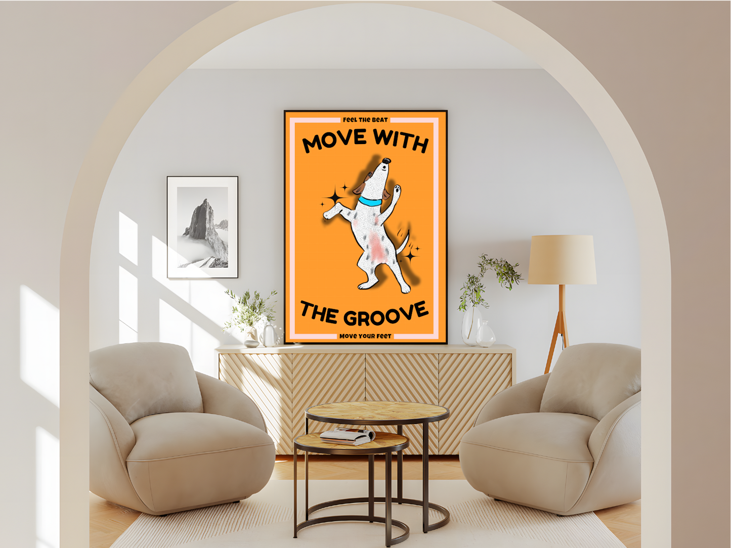 Wohnzimmer Poster mit Rahmen tanzender gezeichneter Hund mit überschrift und beschriftung in orange schwarz beige 