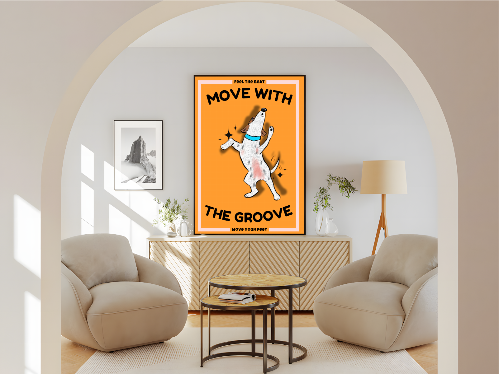 Wohnzimmer Poster mit Rahmen tanzender gezeichneter Hund mit überschrift und beschriftung in orange schwarz beige 