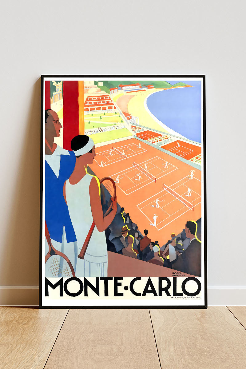 Close-up Poster mit Rahmen von Tennisplatz in Monaco mit Spruch und Tennisspieler in orange, weiß und blau