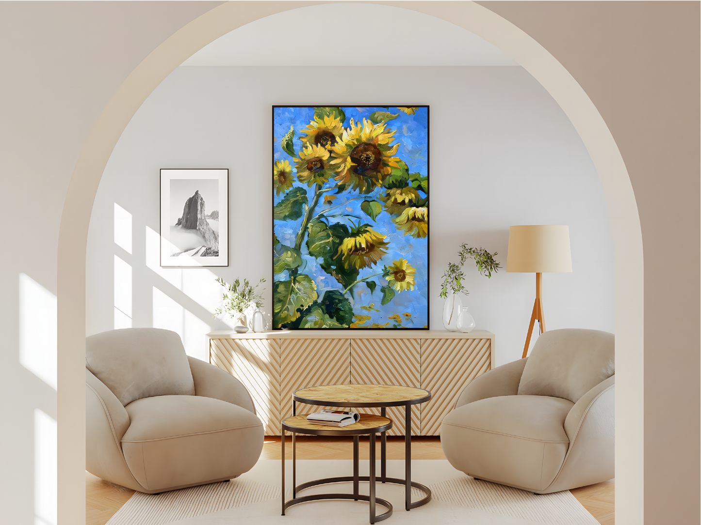 Wohnzimmer Poster mit Rahmen gezeichnetes Gemälde von Sonnenblumen und Himmel im gezeichneten Stil in gelb grün blau