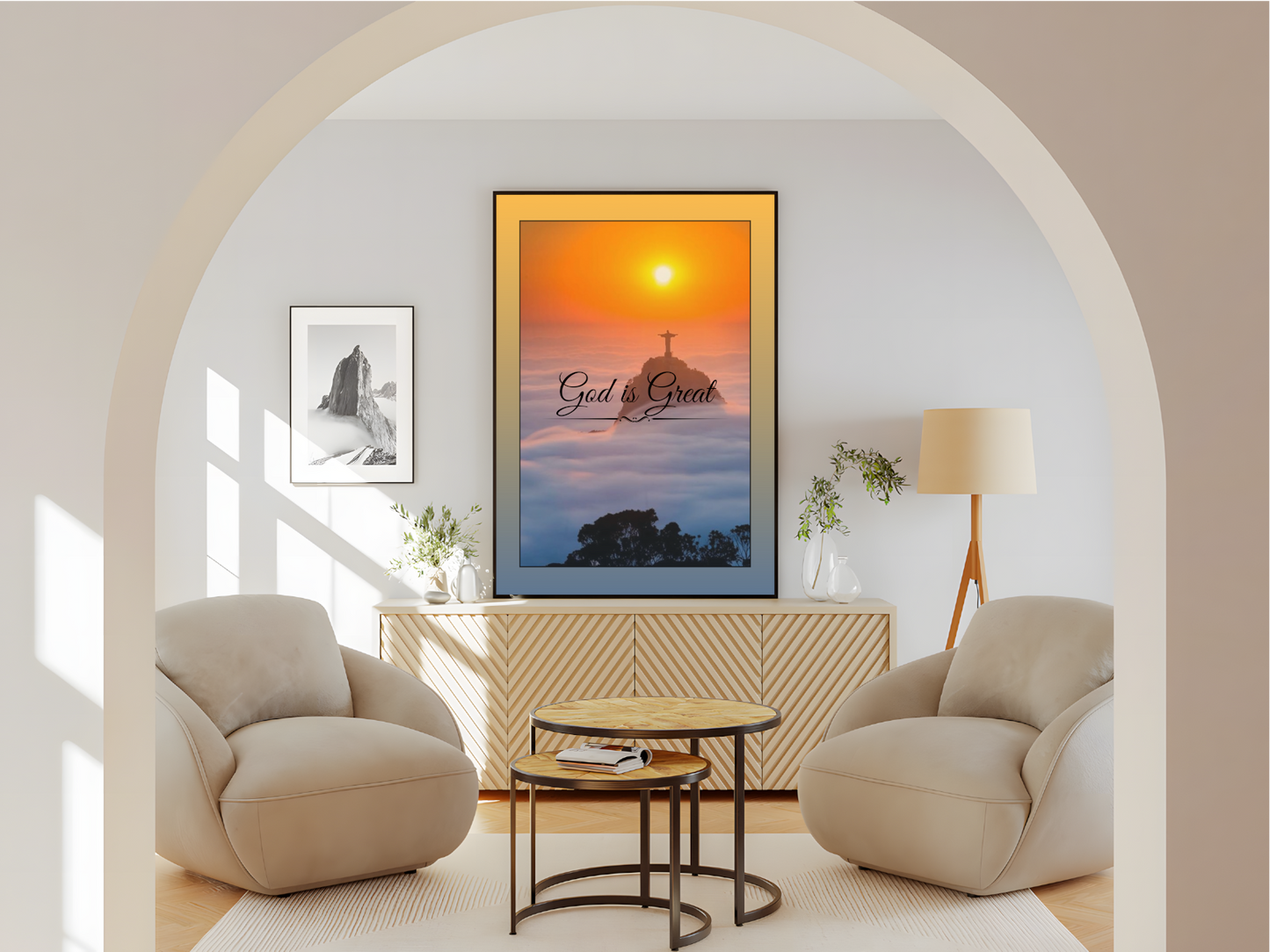 Wohnzimmer Poster mit Rahmen von Landschaft mit Religiösen Spruch und Sonne Himmel Kreuz Wolken Bäume in orange blau weiß schwarz