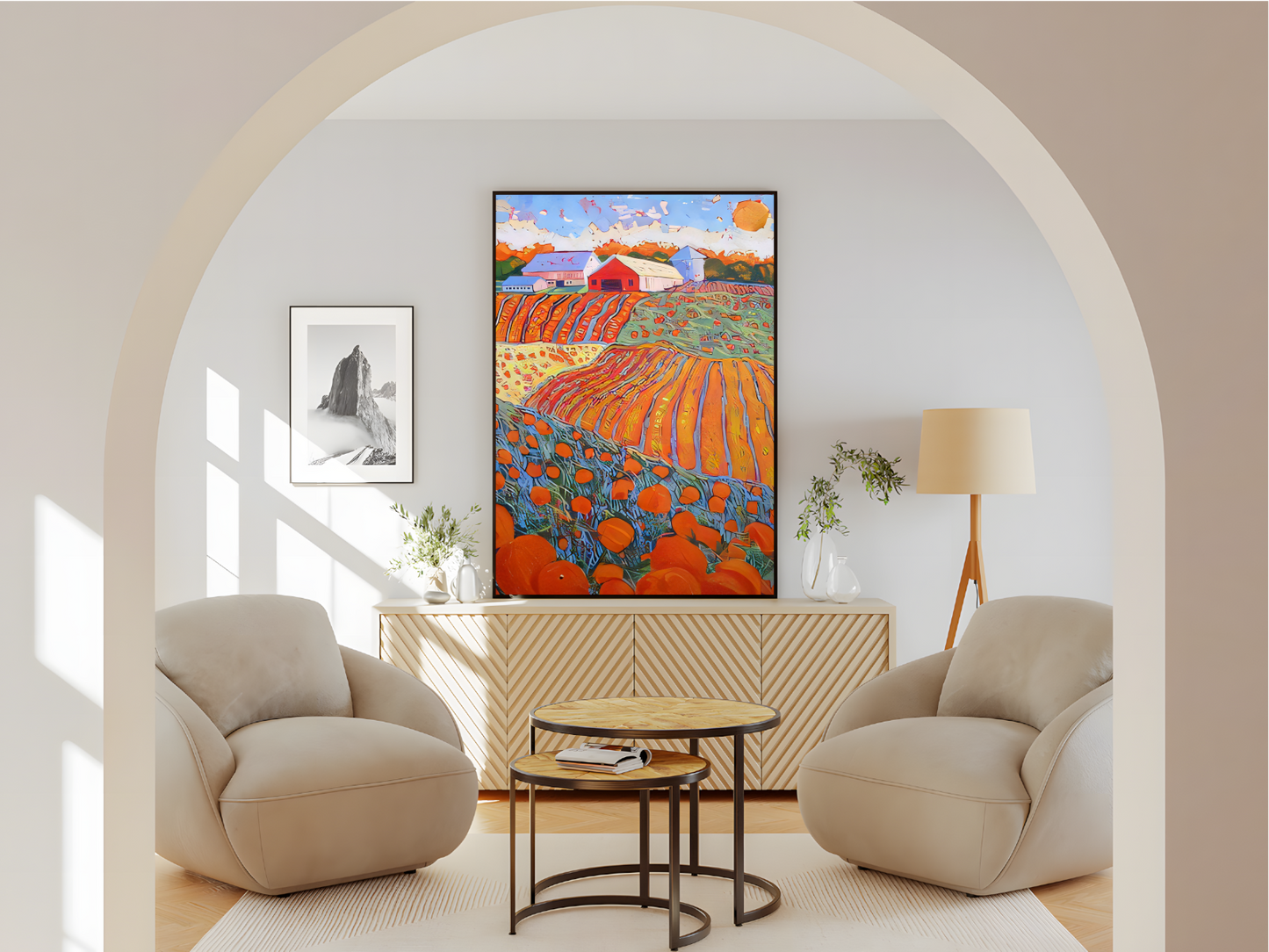 Wohnzimmer  Poster mit Rahmen gezeichnetes Gemälde mit oranger Landschaft und Feldern und Blumen und Farm im Hintergrund orange grün blau beige