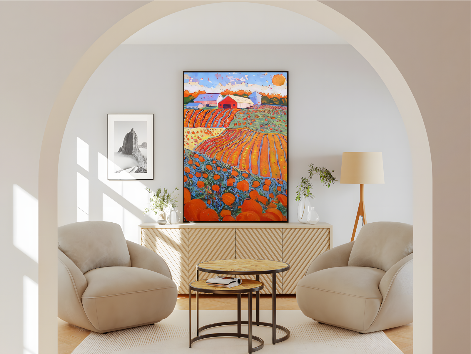 Wohnzimmer  Poster mit Rahmen gezeichnetes Gemälde mit oranger Landschaft und Feldern und Blumen und Farm im Hintergrund orange grün blau beige