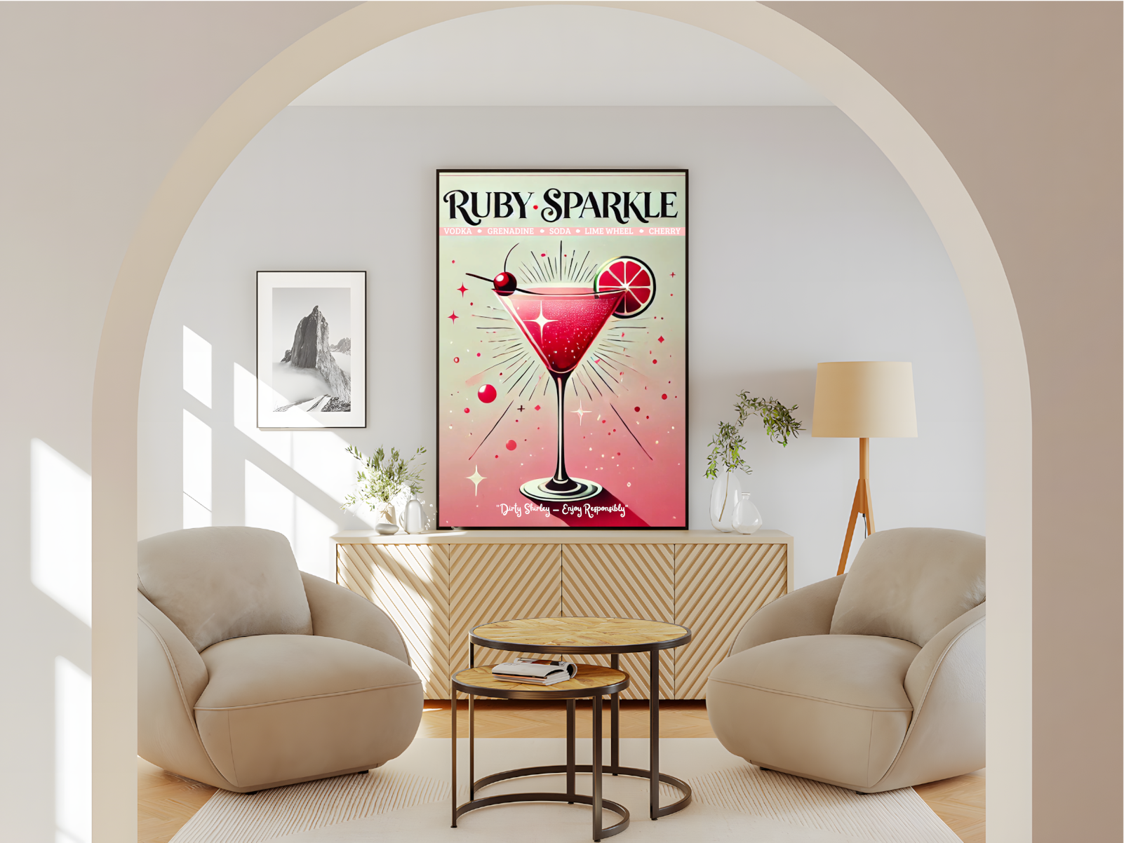 Wohnzimmer Poster mit Rahmen Dirty Shirley Cocktailglas mit überschrift und beschriftung und effekten rosa pink schwarz beige