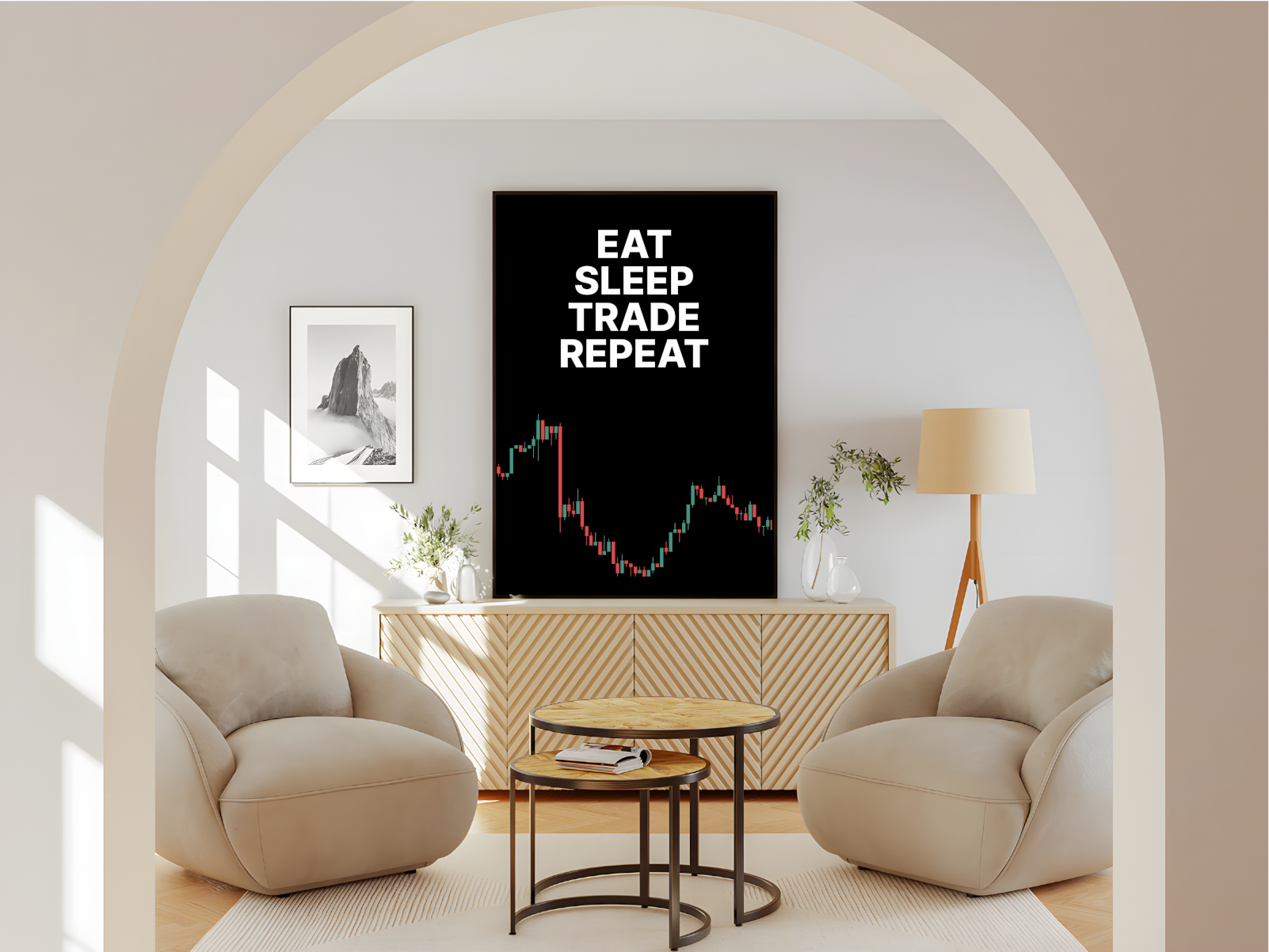 Poster mit Rahmen im Wohnzimer Trading motivation Aktienkurs poster, Börsenposter mit Aktienkurs, weiß schwarz rot grün