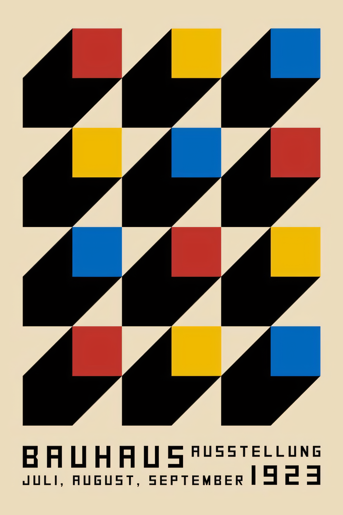 Nahaufnahme Poster mit Rahmen Bauhaus Ausstellung von Geometrischen Symbolen in blau gelb rot schwarz mit beschriftung auf beigen hintergrund