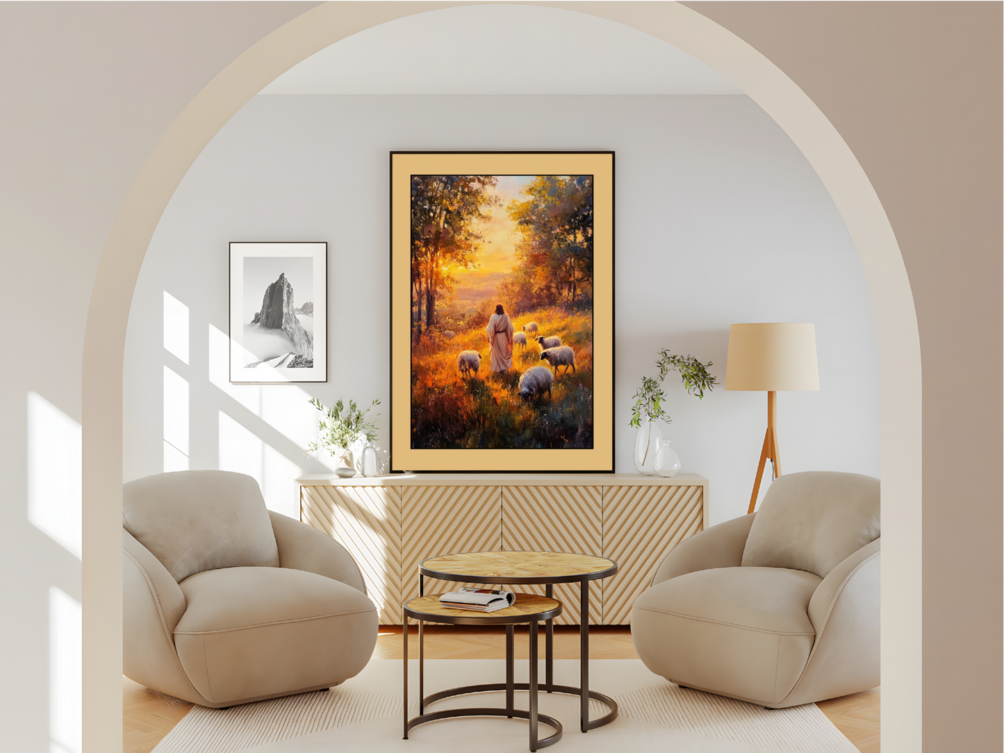 Wohnzimmer Poster mit Rahmen Landschaft und Natur mit Jesus und Schafen Jesus als Hirte in gemalten Still mit Bäumen und Sonne und oranger umrandung in gelb grün schwarz beige