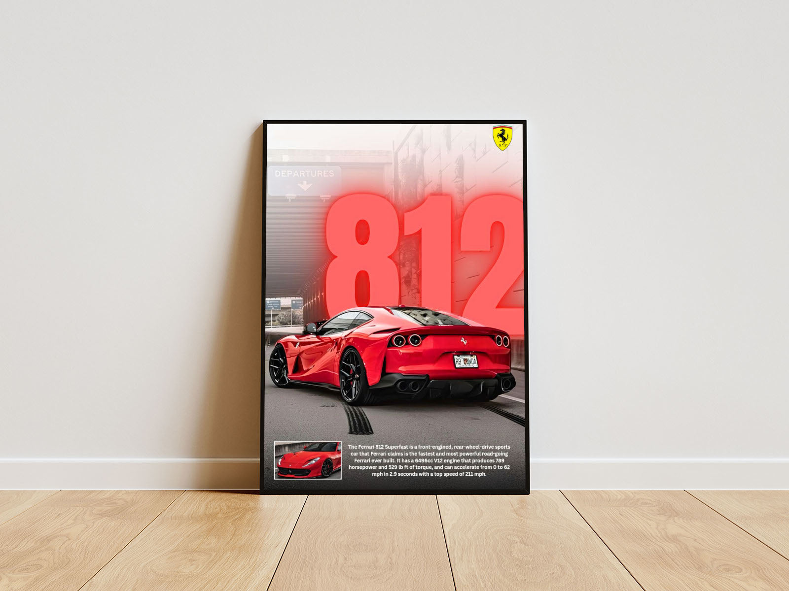 Close-up Poster mit Rahmen roter Ferrari 812 mit überschrift und beschriftung und logo in rot grau schwarz gelb