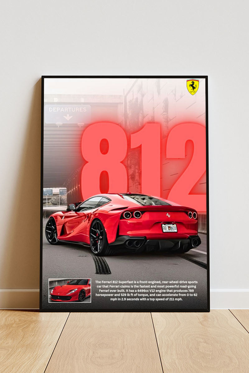 Close-up Poster mit Rahmen roter Ferrari 812 mit überschrift und beschriftung und logo in rot grau schwarz gelb