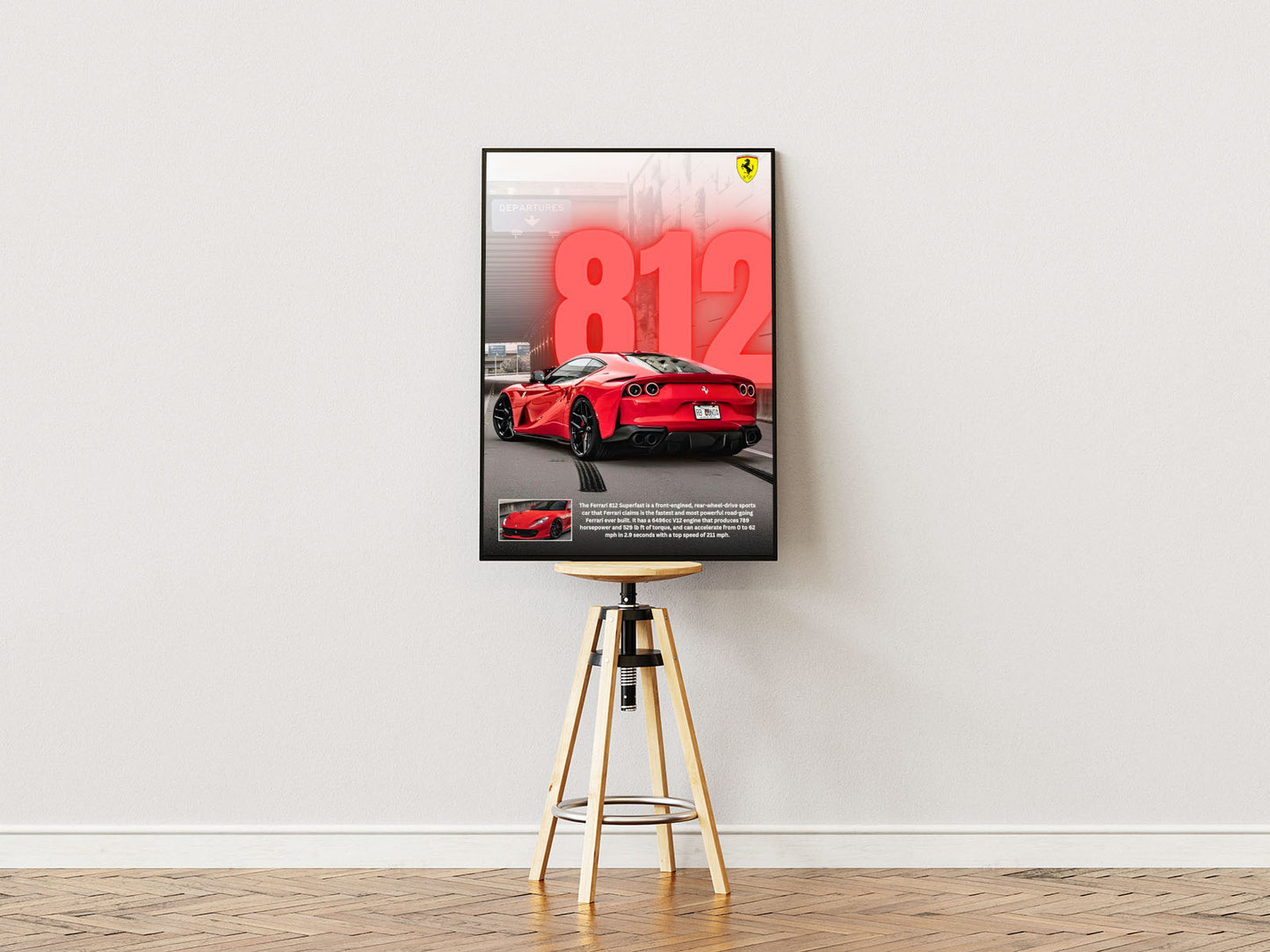 Poster ständer Poster mit Rahmen roter Ferrari 812 mit überschrift und beschriftung und logo in rot grau schwarz gelb