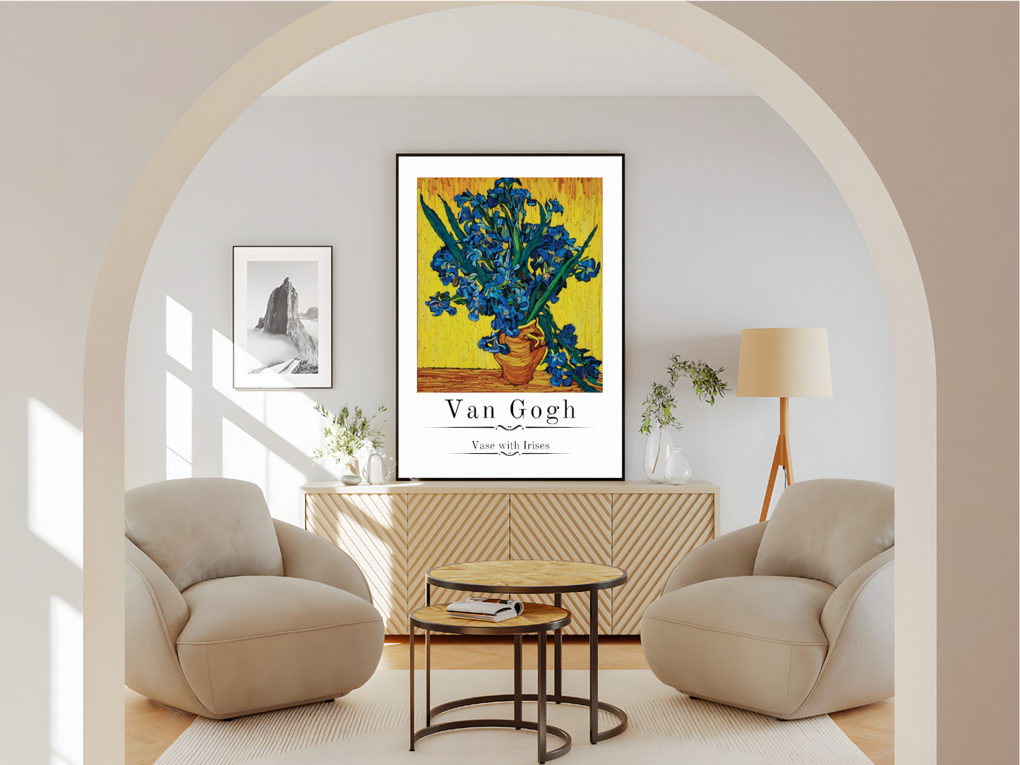 Holzrahmen Poster mit Rahmen gezeichnetes gemaltes Gemälde von Van Gogh Vase mit blumen auf gelben hintergrund mit überschrift beschreibung und weißer umrandung in gelb blau grün weiß