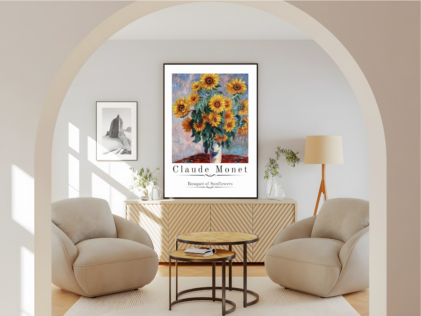 wohnzimmer Poster mit Rahmen Sonnenblumen in Vase als Gemälde mit überschrift und beschreibung und weißem Rand im gemalden Stil gelb grün beige rot