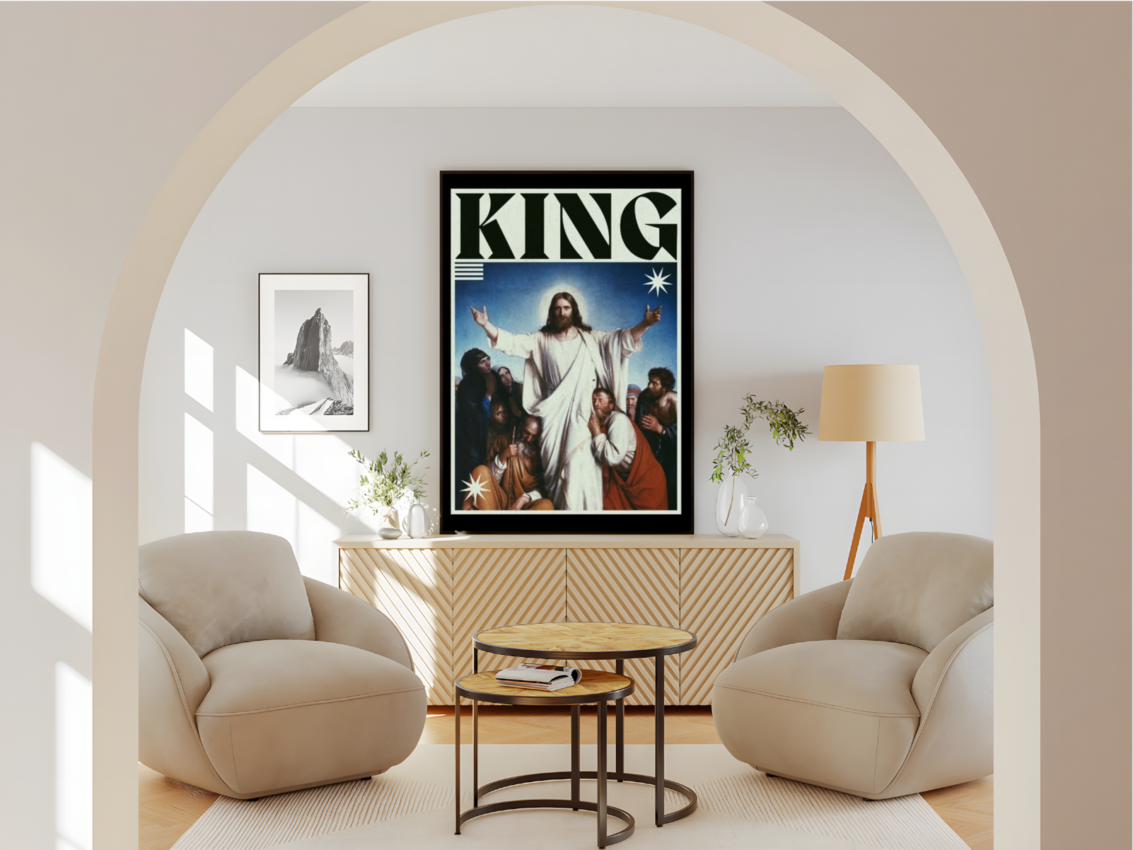 Wohnzimmer Poster mit Rahmen von Jesus mit Anhängern und er überschrift King mit heiligen Schein in blau weiß schwarz rot