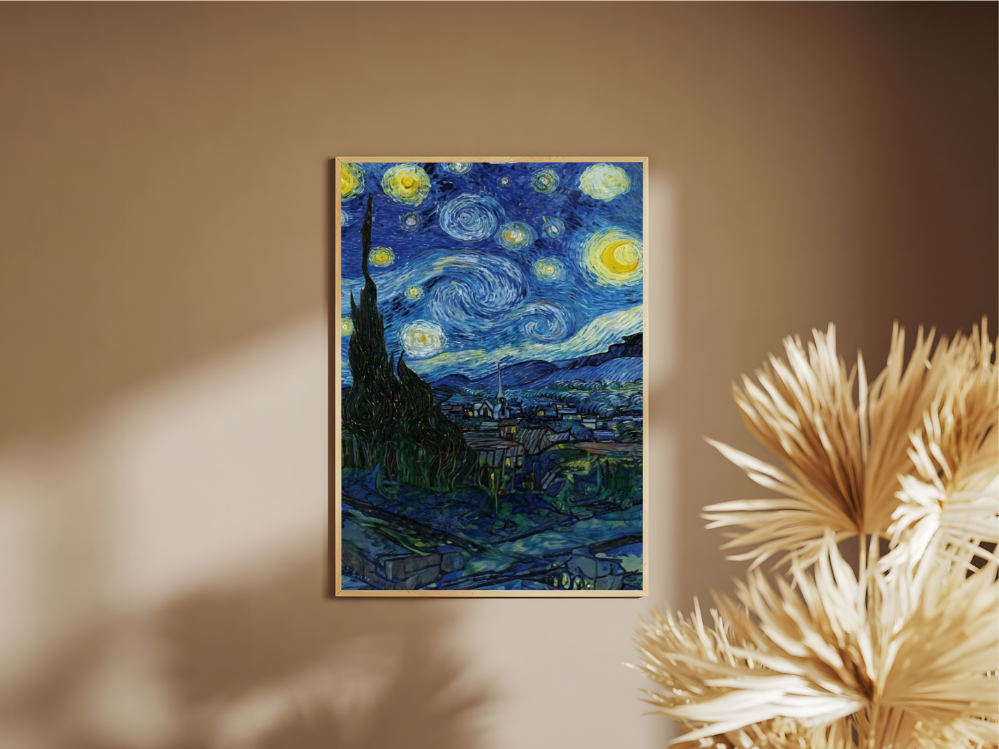 Holzrahmen  Poster mit Rahmen gezeichnetes gemaltes Gemälde Van Gogh Sternen und stadt und Natru in blau, gelb, grün, beige