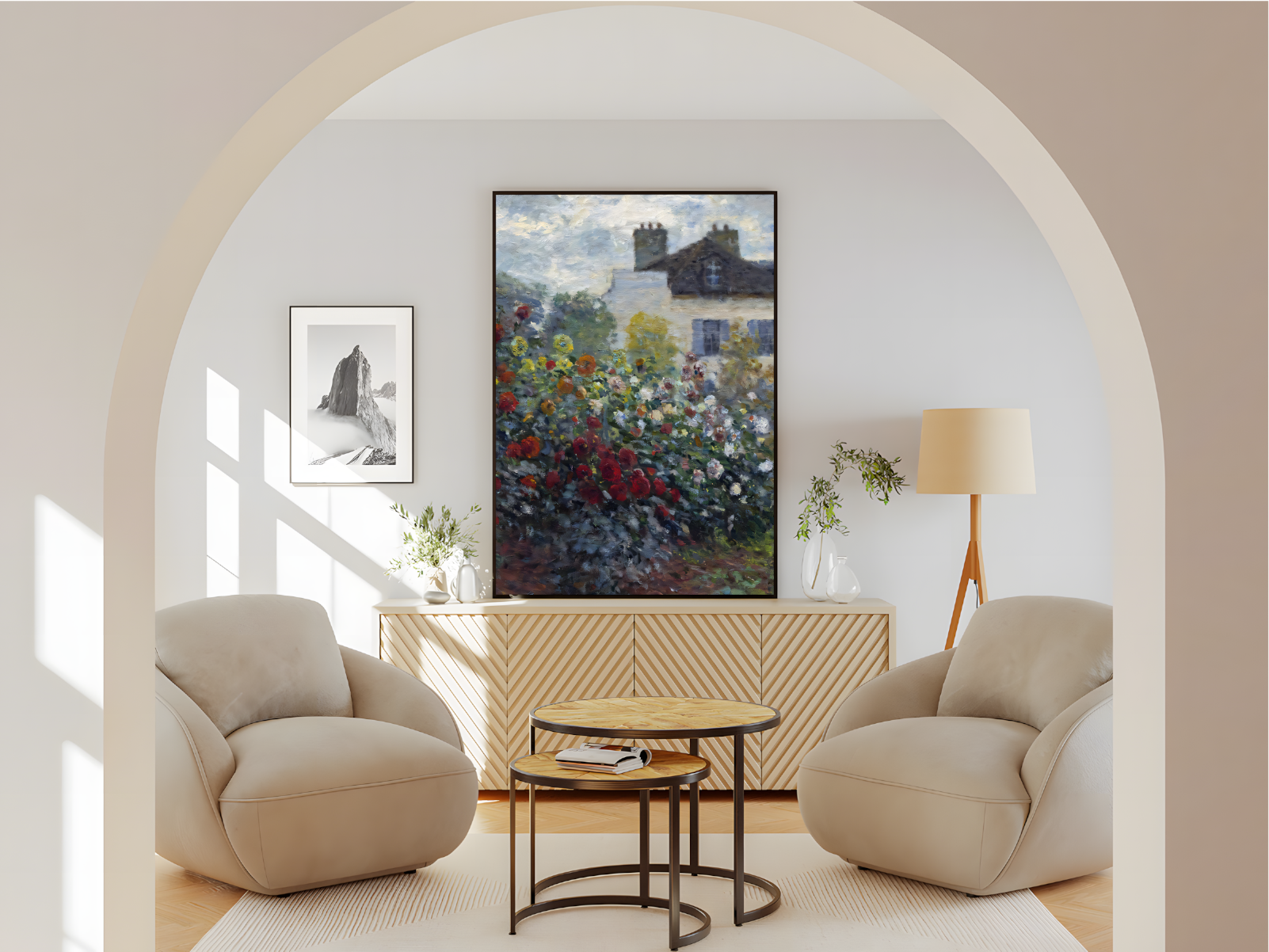 Wohnzimmer Poster mit Rahmen Gemälde von Blumen und Haus im gezeichneten Still mit Rosen rot grün weiß beige blau