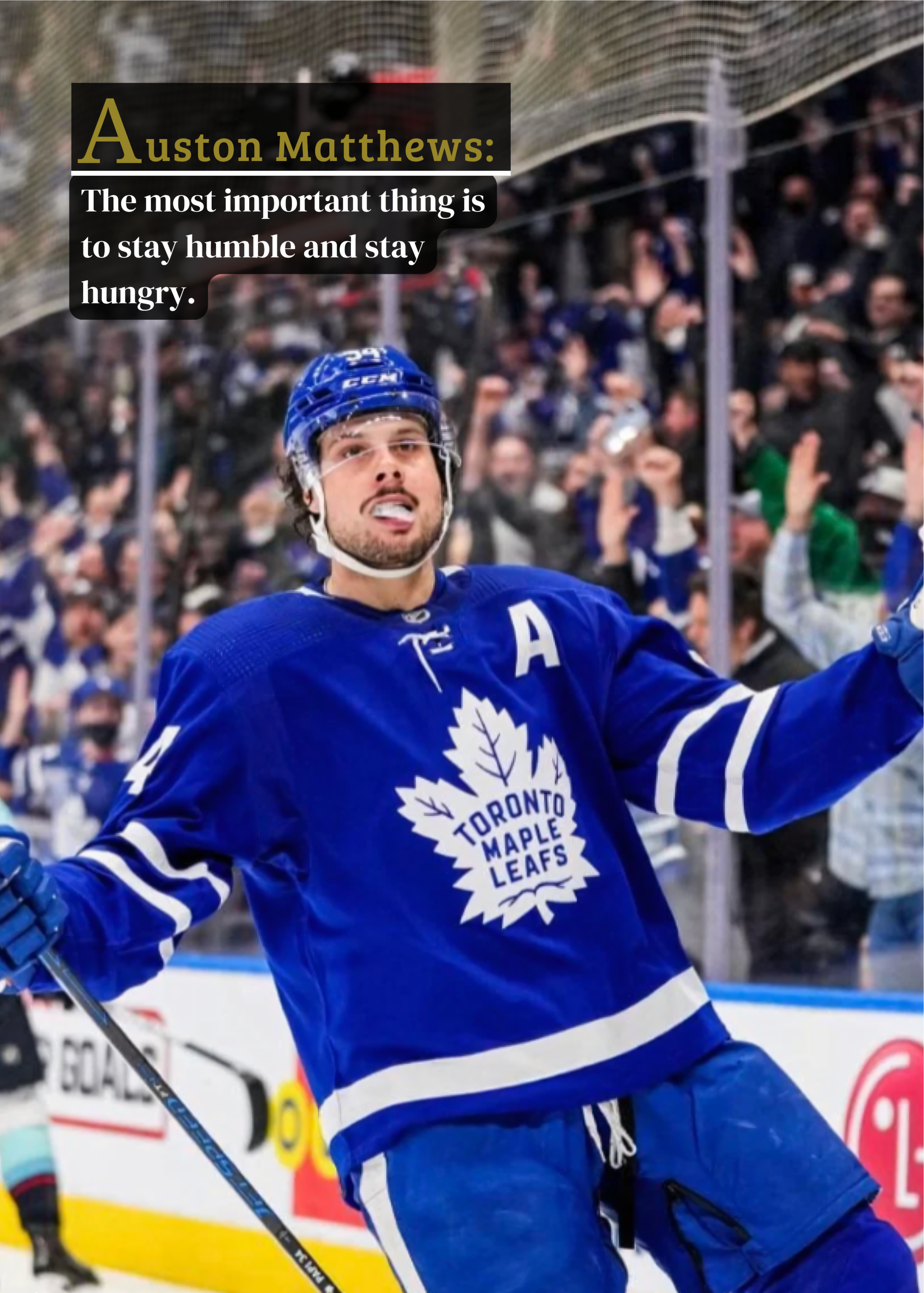 Nahaufnahme Poster mit Rahmen mit Eishockeyspieler in einer Eishockeyarena mit Fans und Publikum im Hintergrund und motivierendem Zitat und Überschrift in blau weiß