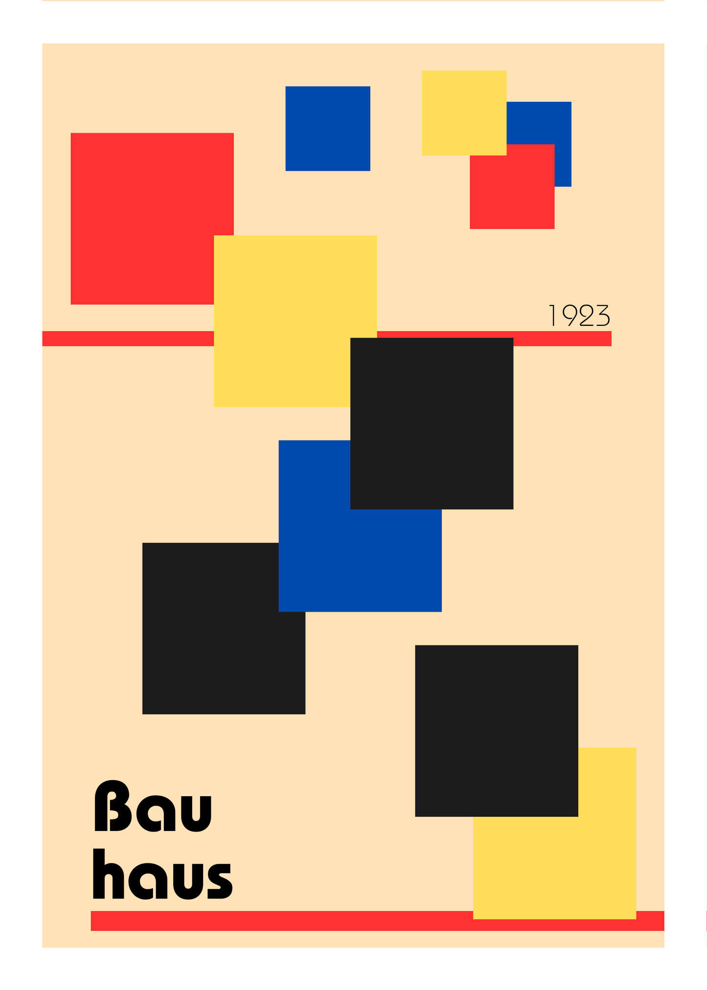 Nahaufnahme Poster mit Rahmen von Bauhaus  Kuns Ausstellung mit quadraten in schwarz gelb blau rot beige mit weißer umrandung