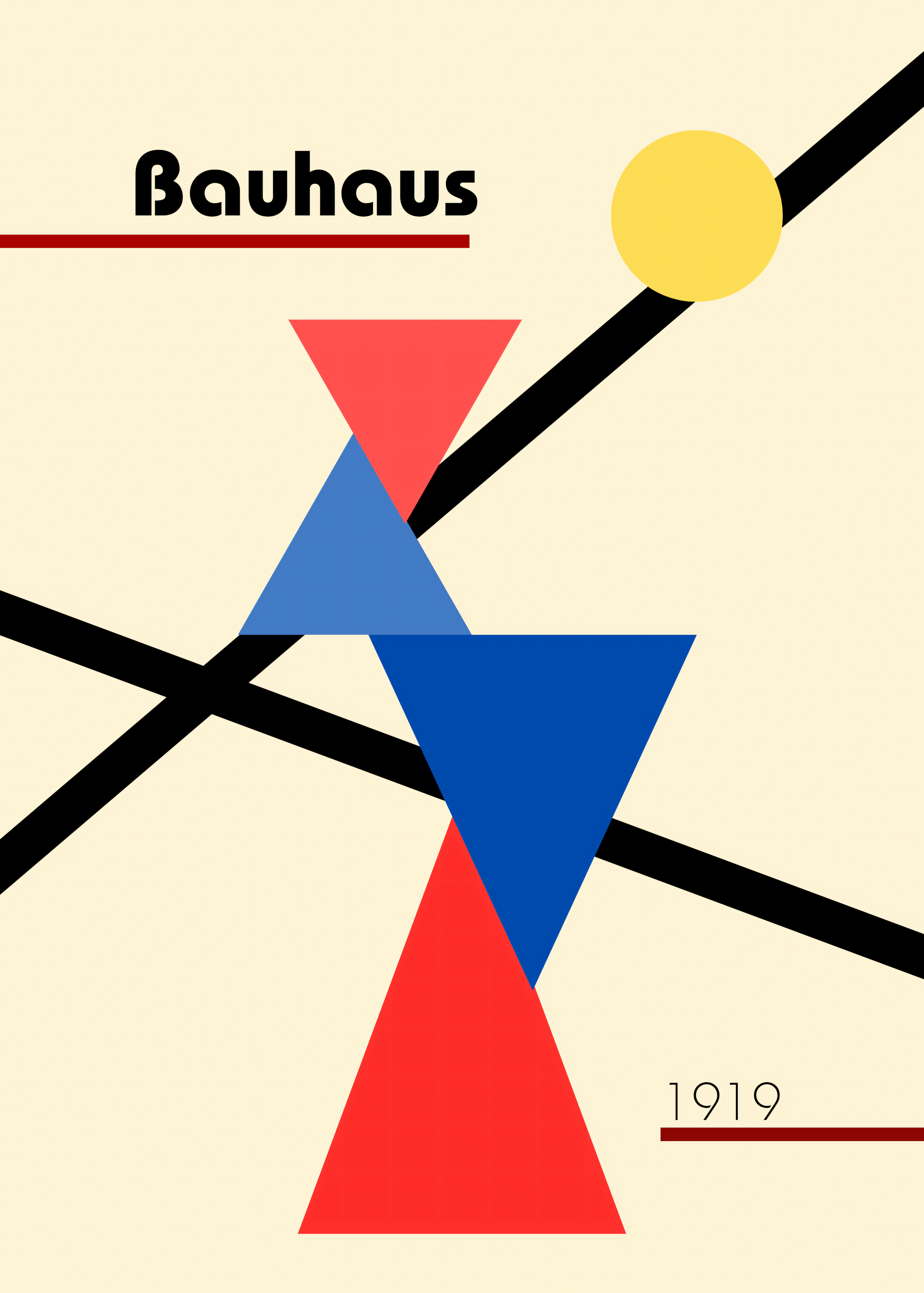 Nahaufnahme Poster mit Rahmen Bauhaus Austellung mit geometrischen Formen in rot blau orange schwarz mit dreiecken und linien und überschrift auf beigen hintergrund