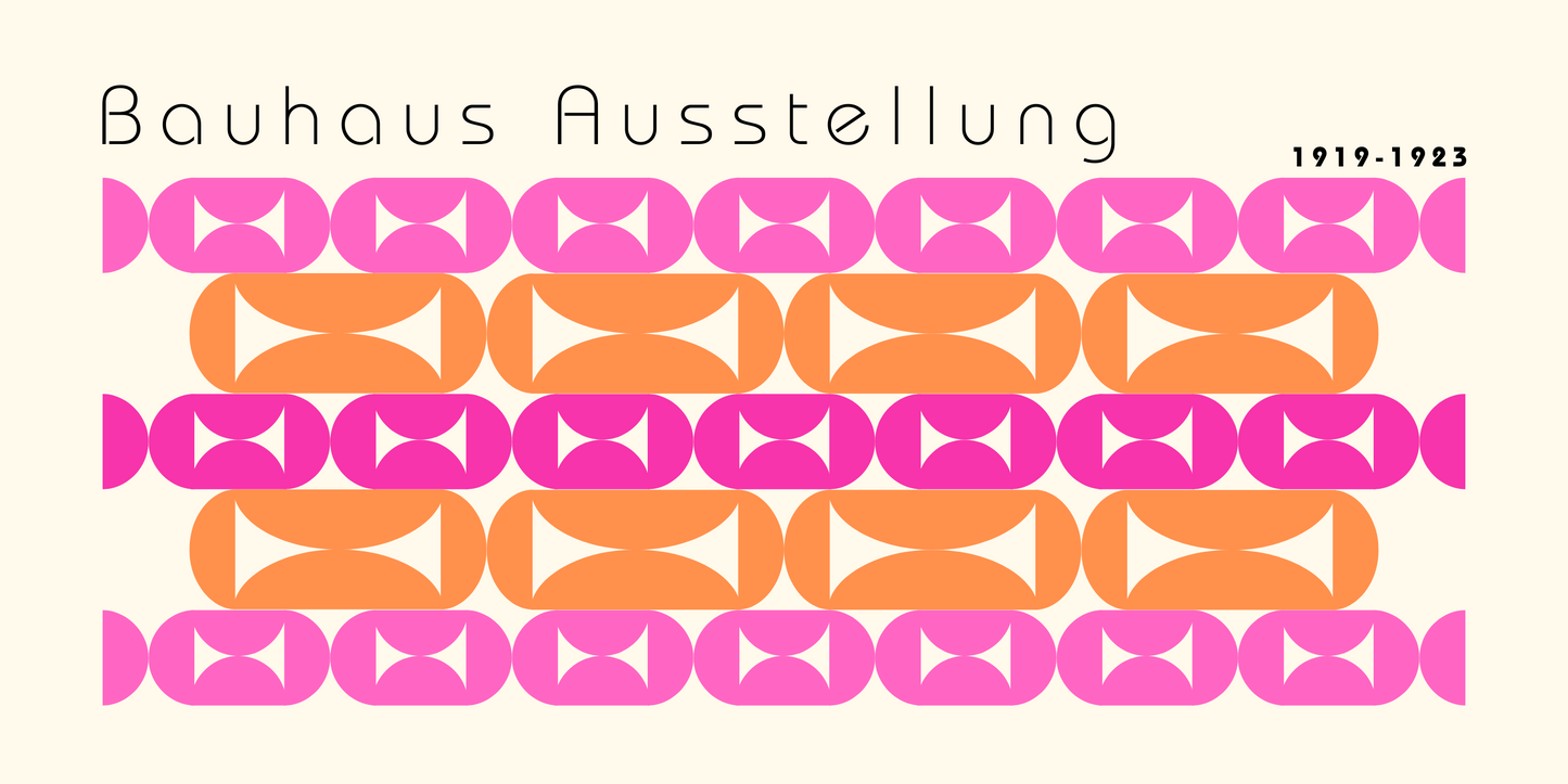 Nahaufnahme  Leinwand mit überschrift Bauhaus Ausstellung mit geometrischen formen in pink orange  auf beigen Hintergrund