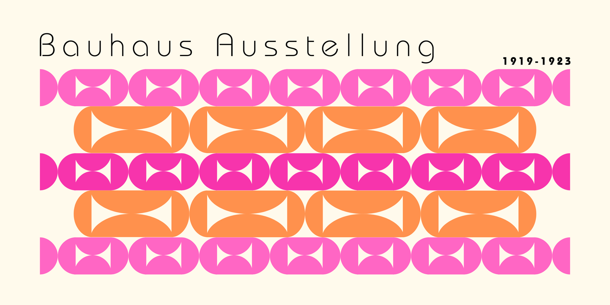 Nahaufnahme  Leinwand mit überschrift Bauhaus Ausstellung mit geometrischen formen in pink orange  auf beigen Hintergrund