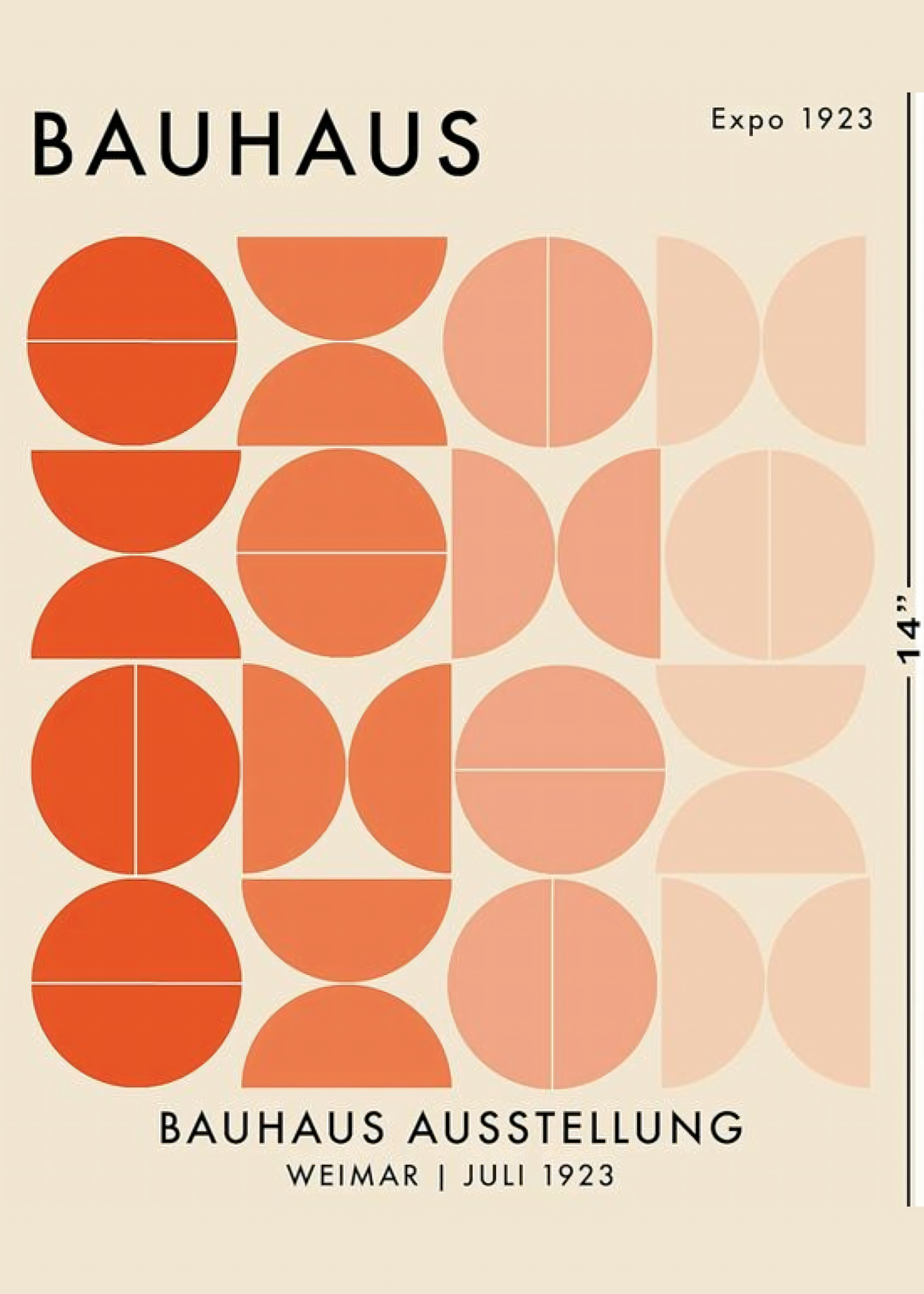 Nahaufnahme Poster mit Rahmen Bauhaus Ausstellung 1923 orange geometrische Formen mit kreisen und halbkreisen und beschreibung und überschrift auf Beigen hintergrund