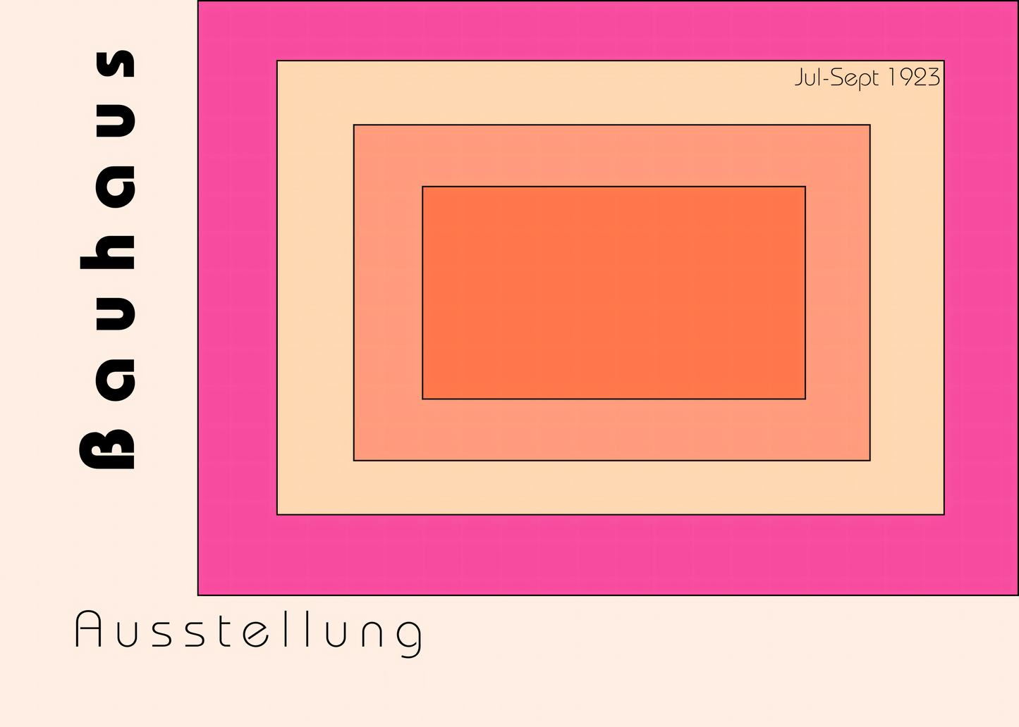 nahaufnahme Poster mit Rahmen Bauhaus Ausstellung mit geometrischen Mustern in quadraten in verschiedenen Pink und Orangetönen ineinander mit überschrift