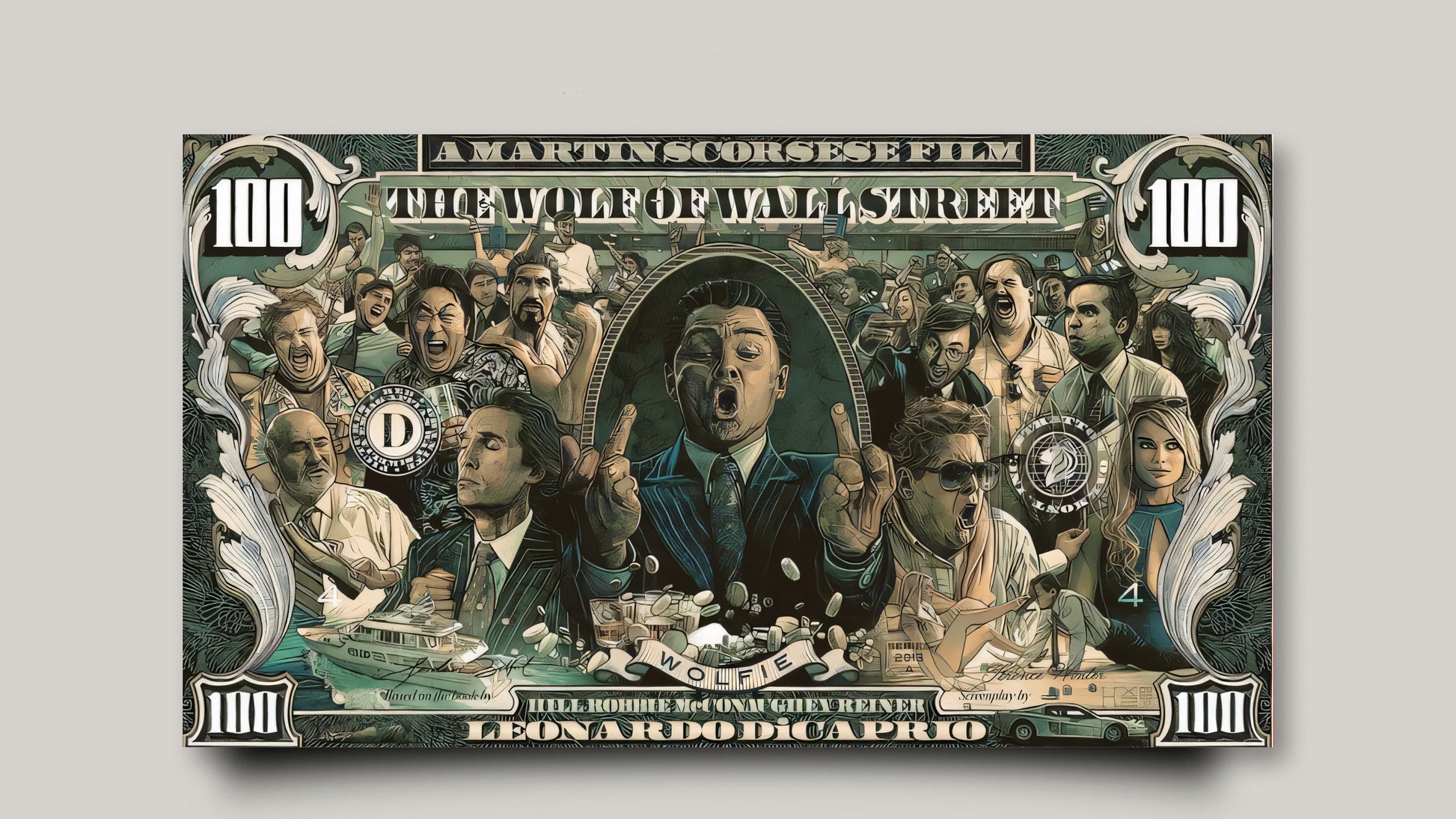 close-up Leinwand von Jordan Belford und Film Wolf of Wallstreet in form von 100 Dollar Schein mit viele Charakteren und Geld in Grün