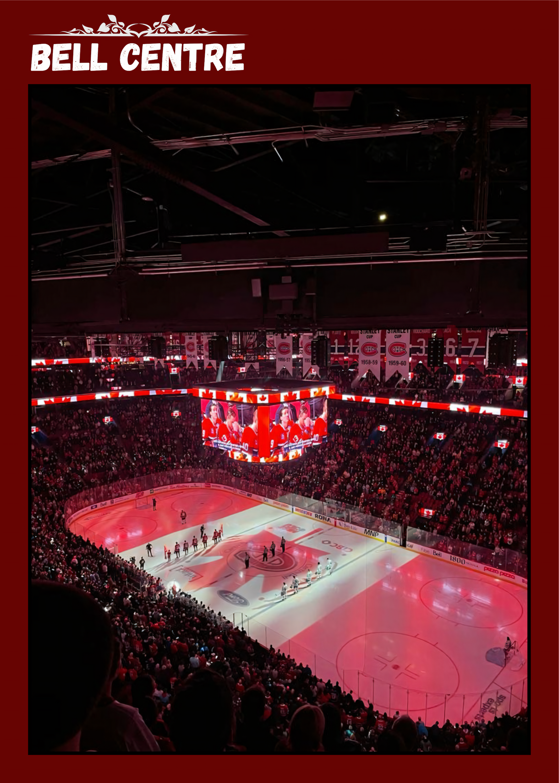 Nahaufnahme Poster mit Rahmen Eishockeystadium mit Publikum von oben Photographie mit roter Umrandung und Überschrift rot weiß schwarz