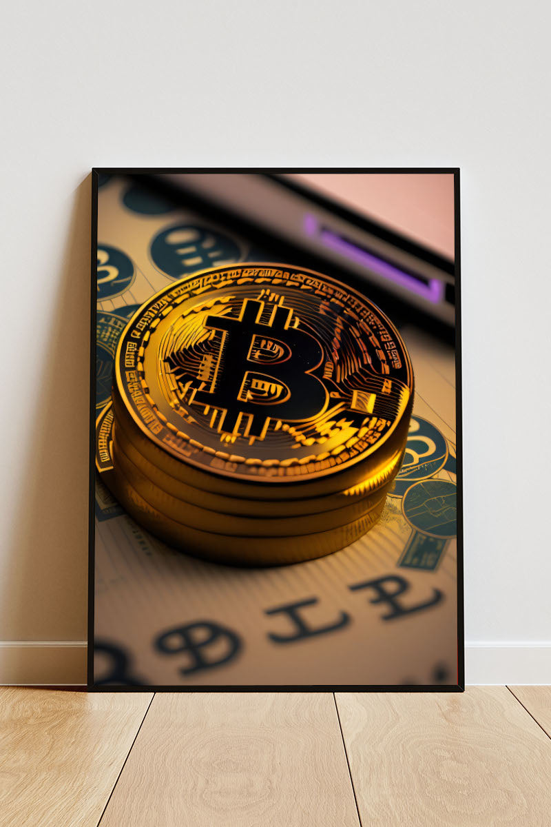 Close-up Bitcoin Münze Poster mit Rahmen in gold, weiß, schwarz 