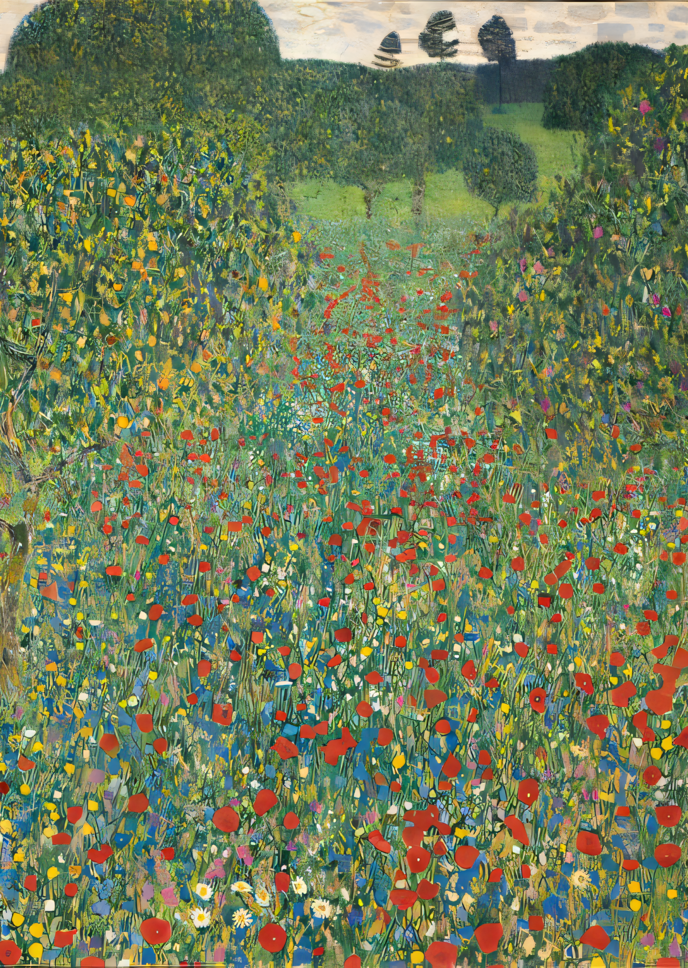 Nahaufnahme Poster mit Rahmen gezeichnetes gemaltes Gemälde Gustav Klimt von Mohn und blühenden Blumen und Mohn mit bäumen natur landschaft rot grün gelb