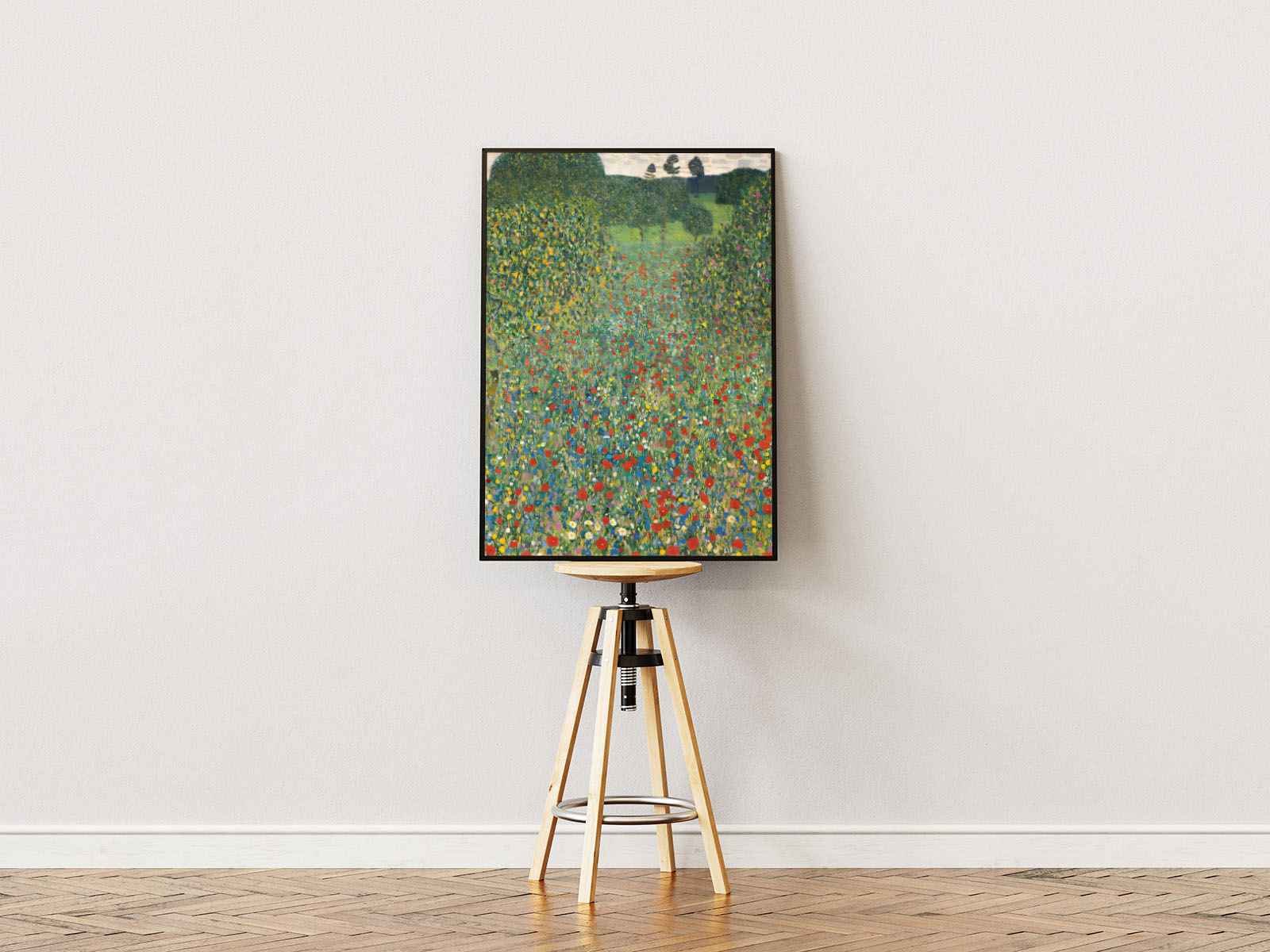 Poster ständer Poster mit Rahmen gezeichnetes gemaltes Gemälde Gustav Klimt von Mohn und blühenden Blumen und Mohn mit bäumen natur landschaft rot grün gelb