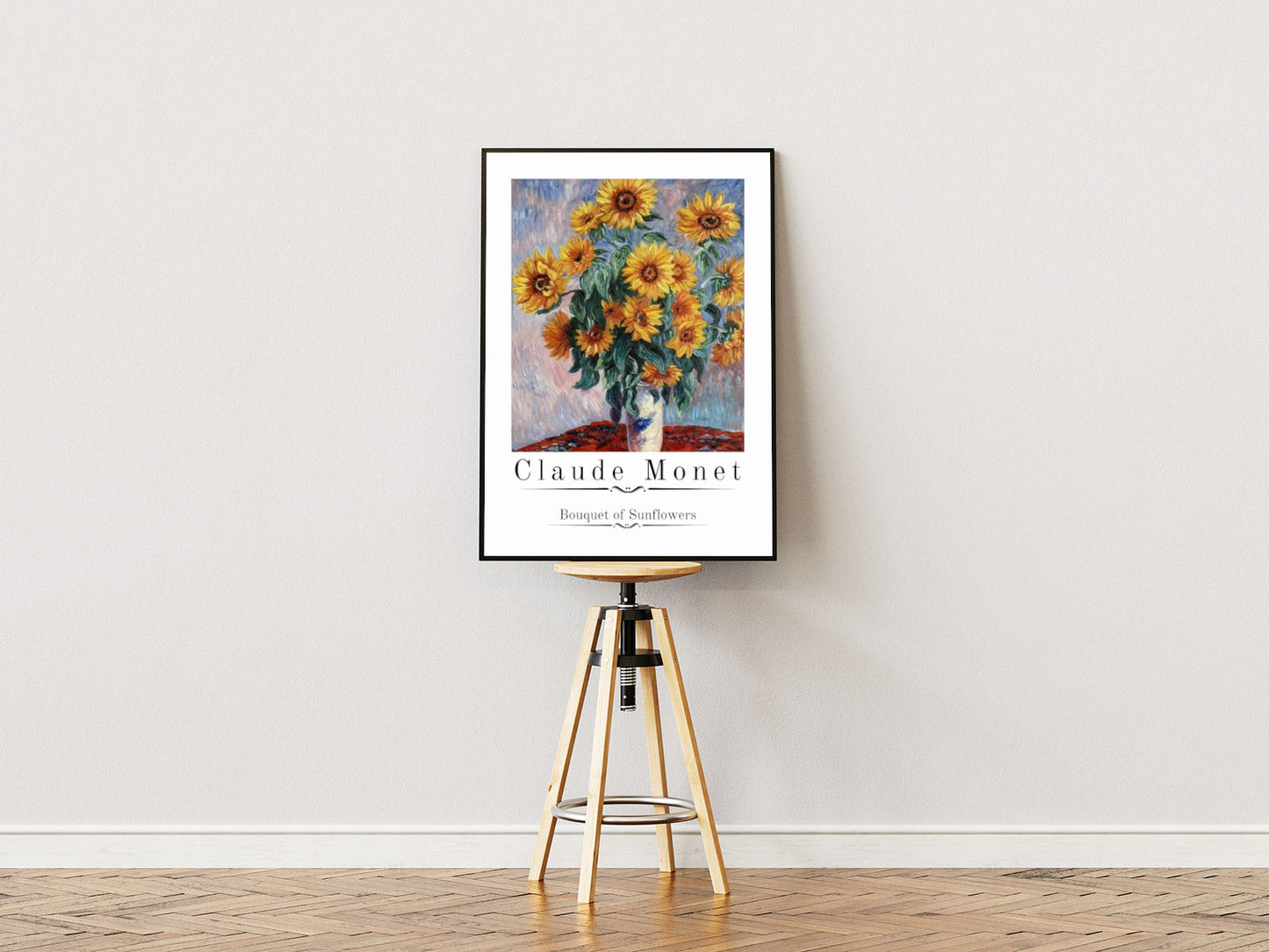 Poster ständer Poster mit Rahmen Sonnenblumen in Vase als Gemälde mit überschrift und beschreibung und weißem Rand im gemalden Stil gelb grün beige rot