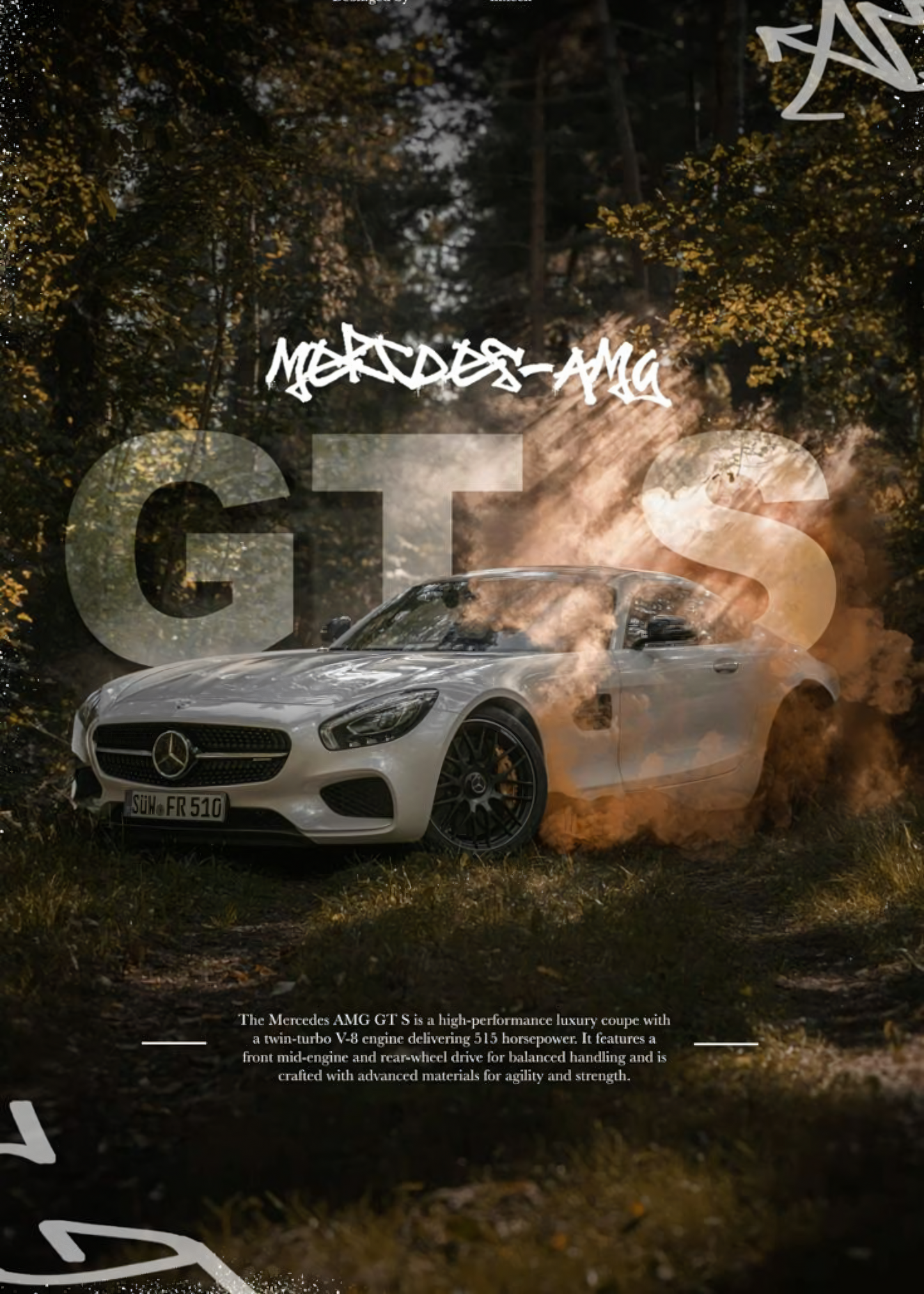 Nahaufnahme  Poster mit Rahmen von GTS Mercedes im Wald mit beschriftung und überschrift in weiß grün grau silber