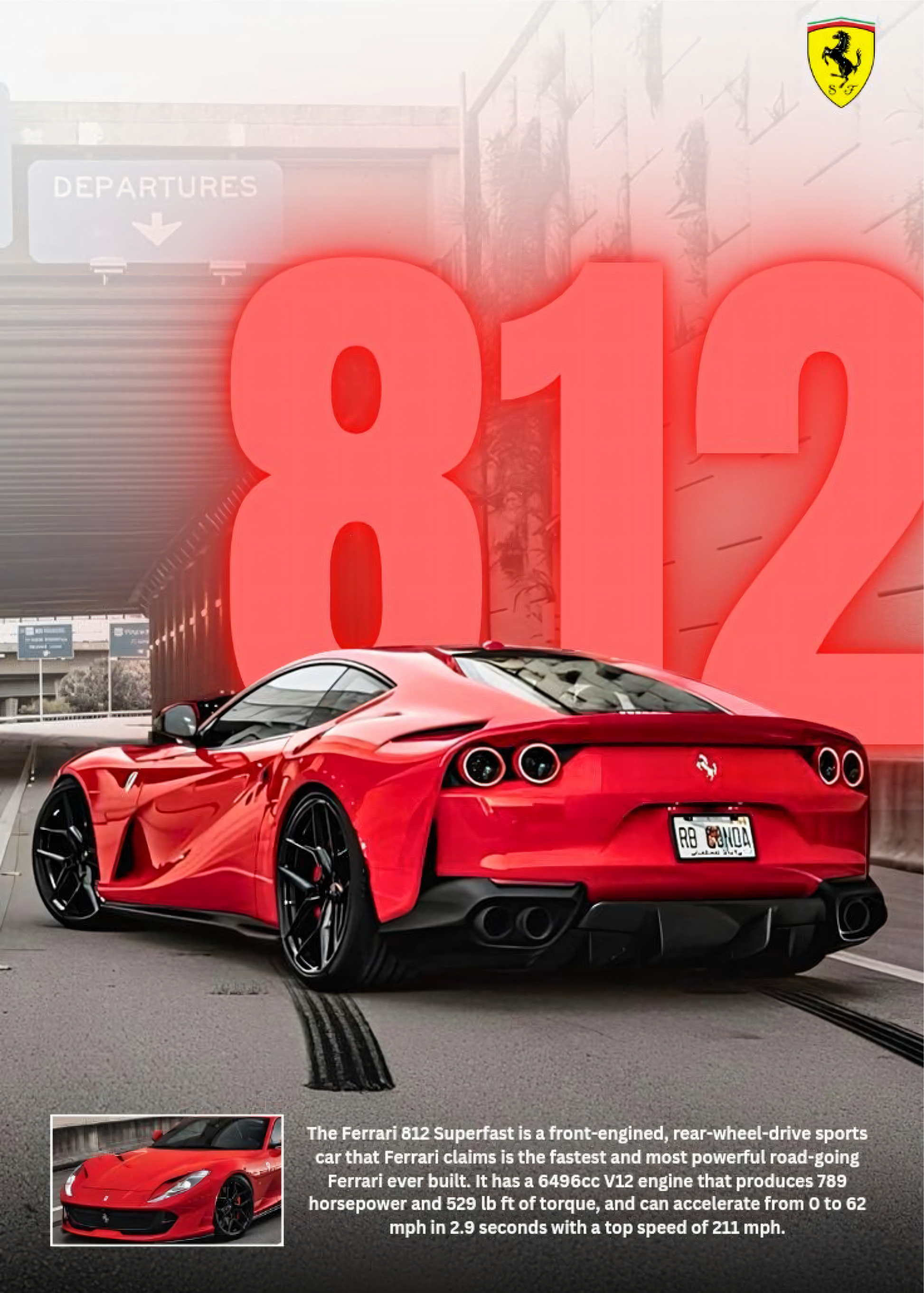 Nahaufnahme Poster mit Rahmen roter Ferrari 812 mit überschrift und beschriftung und logo in rot grau schwarz gelb